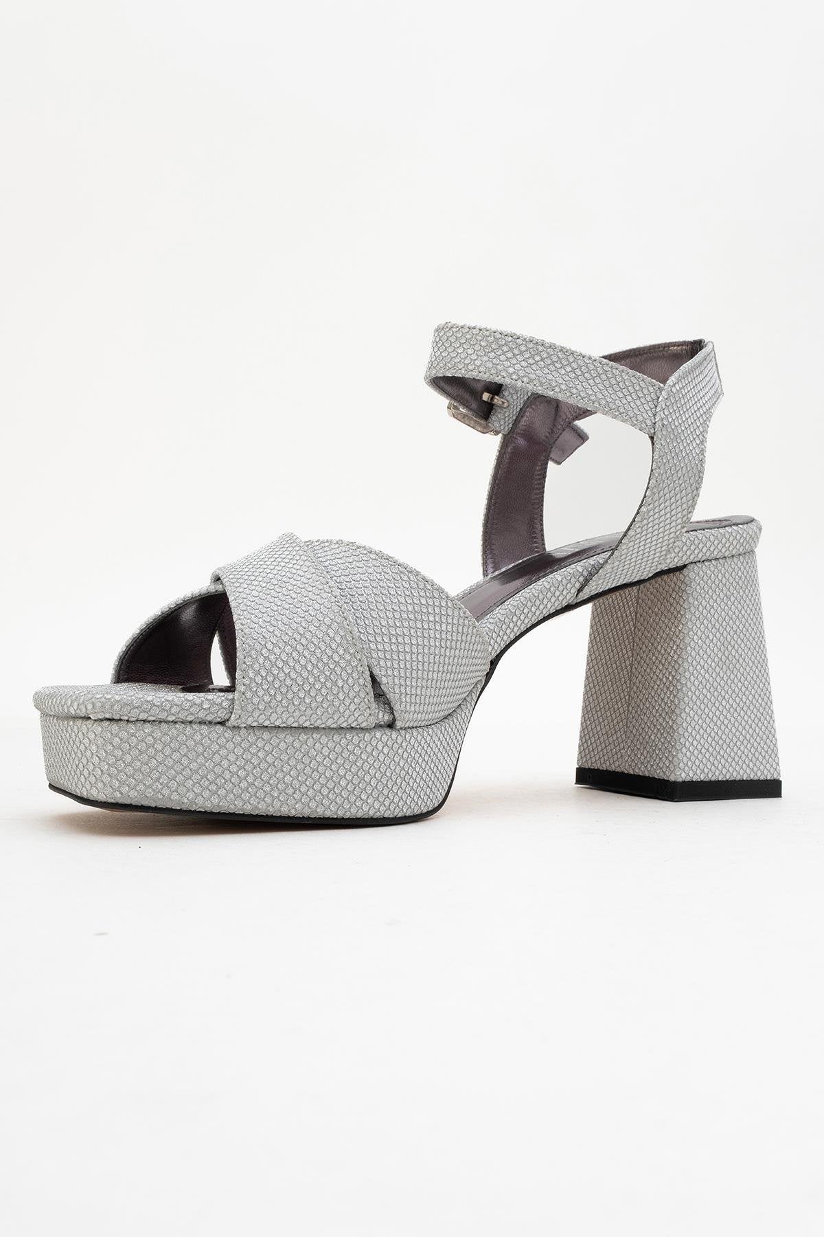 Lisbon - Silver Glitter Cross-Strap Platform Heel Shoe – heel view showing leather, glitter, silver, SimmiUnique