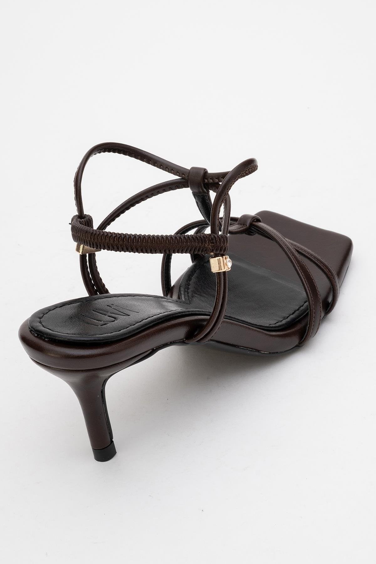 Gibson Brown Square‑Toe Stiletto Sandal – back view showing leather, red, SimmiUnique