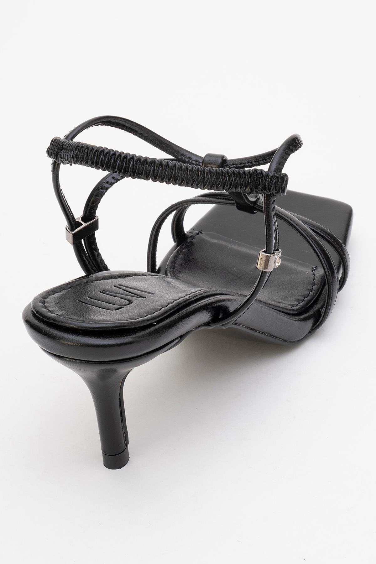 Gibson Black Square‑Toe Stiletto Sandal – back view showing leather, black, red, SimmiUnique