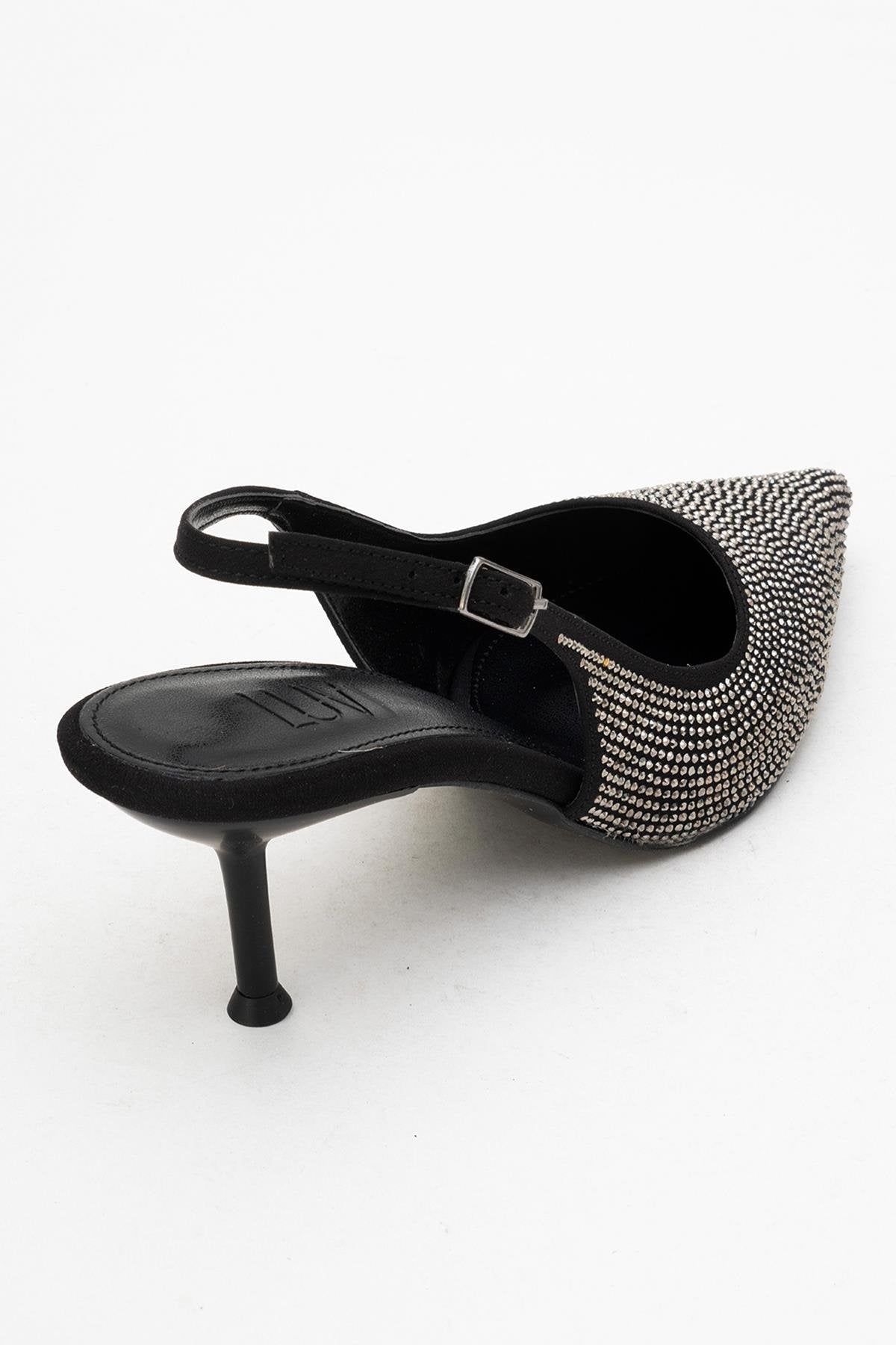 Novs - Black Embellished Stiletto Evening Shoe – back view showing leather, black, SimmiUnique