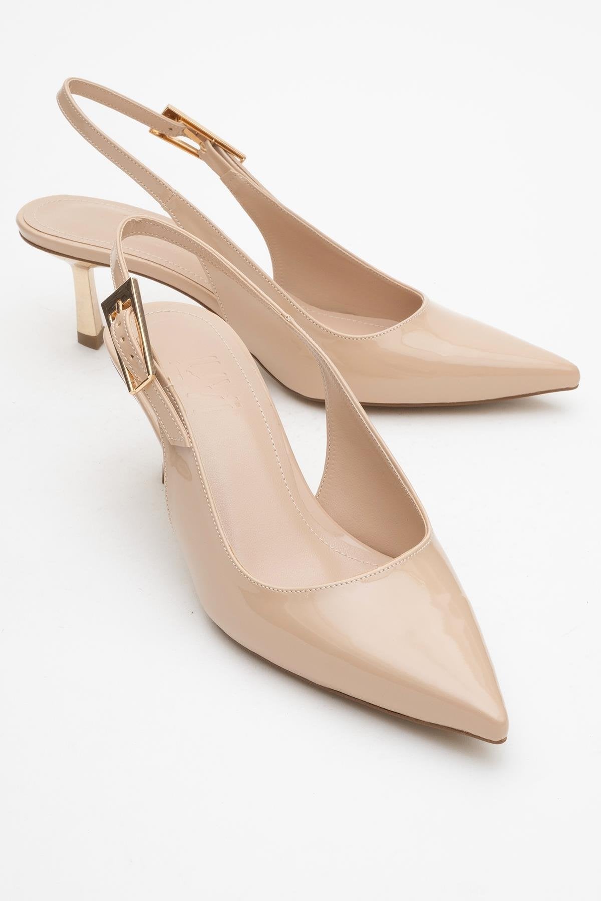 Arty - Beige Patent Slingback Heeled Shoe – front three-quarter view showing leather, SimmiUnique