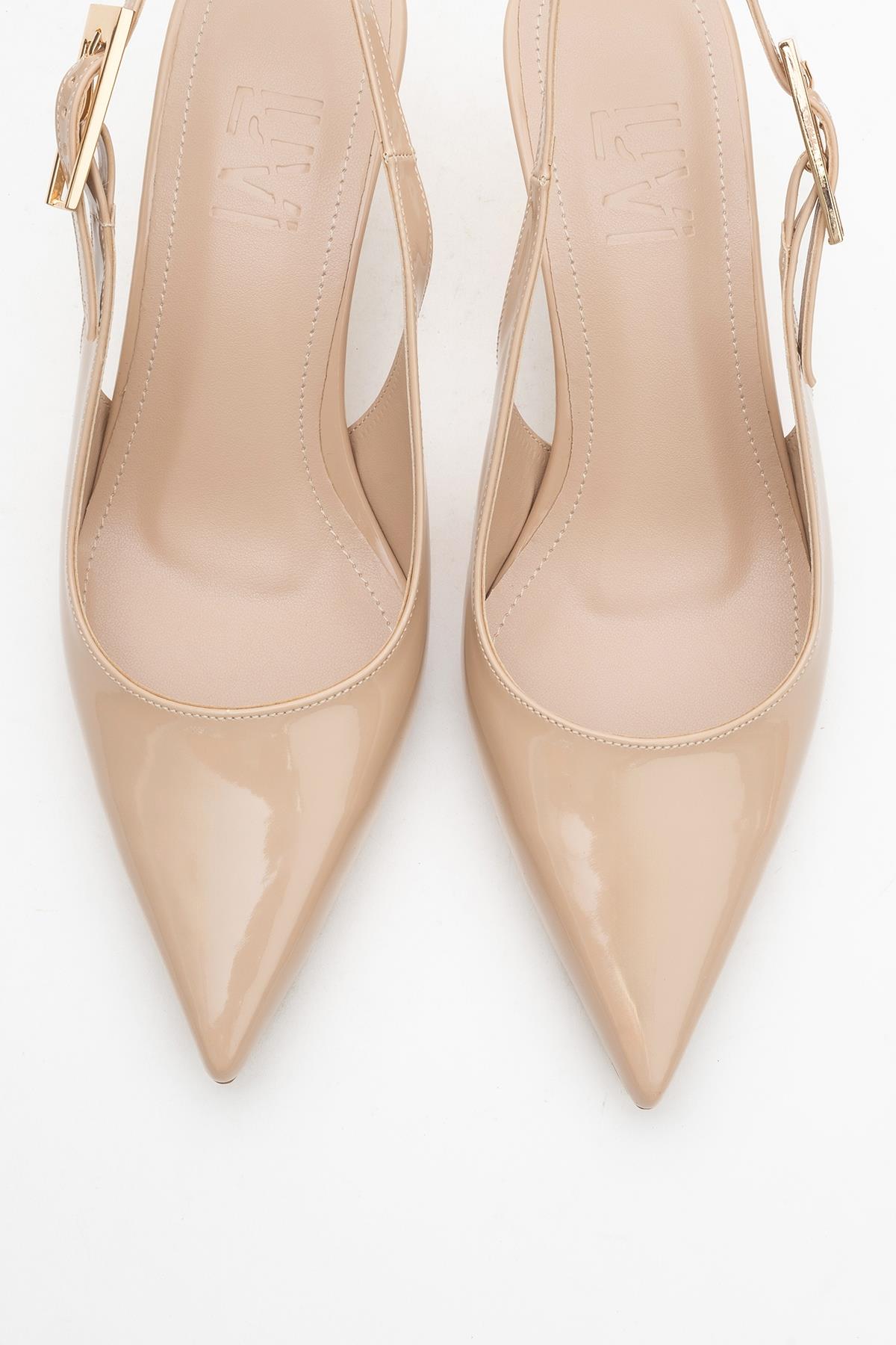 Arty - Beige Patent Slingback Heeled Shoe – side view showing leather, SimmiUnique