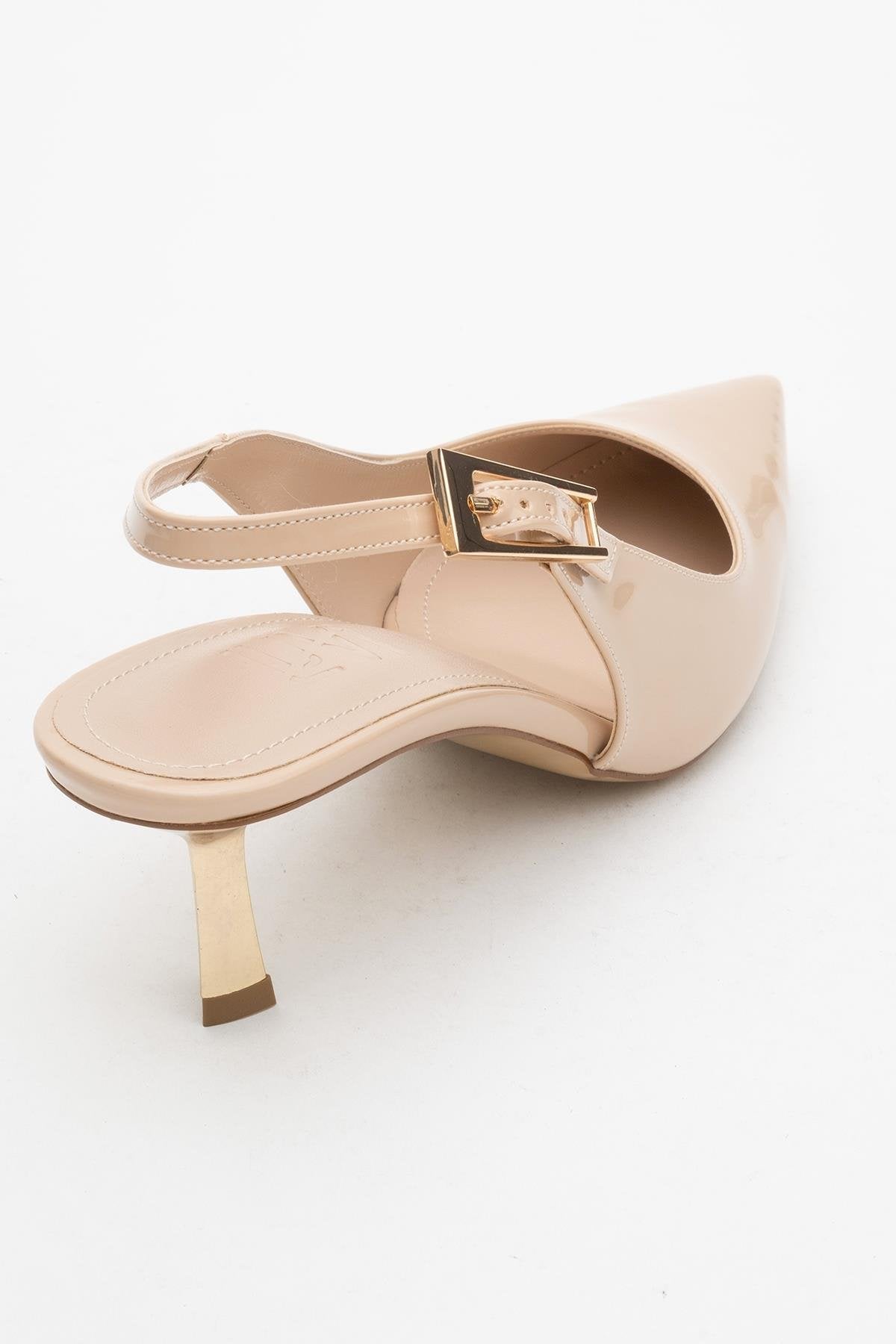 Arty - Beige Patent Slingback Heeled Shoe – back view showing leather, SimmiUnique