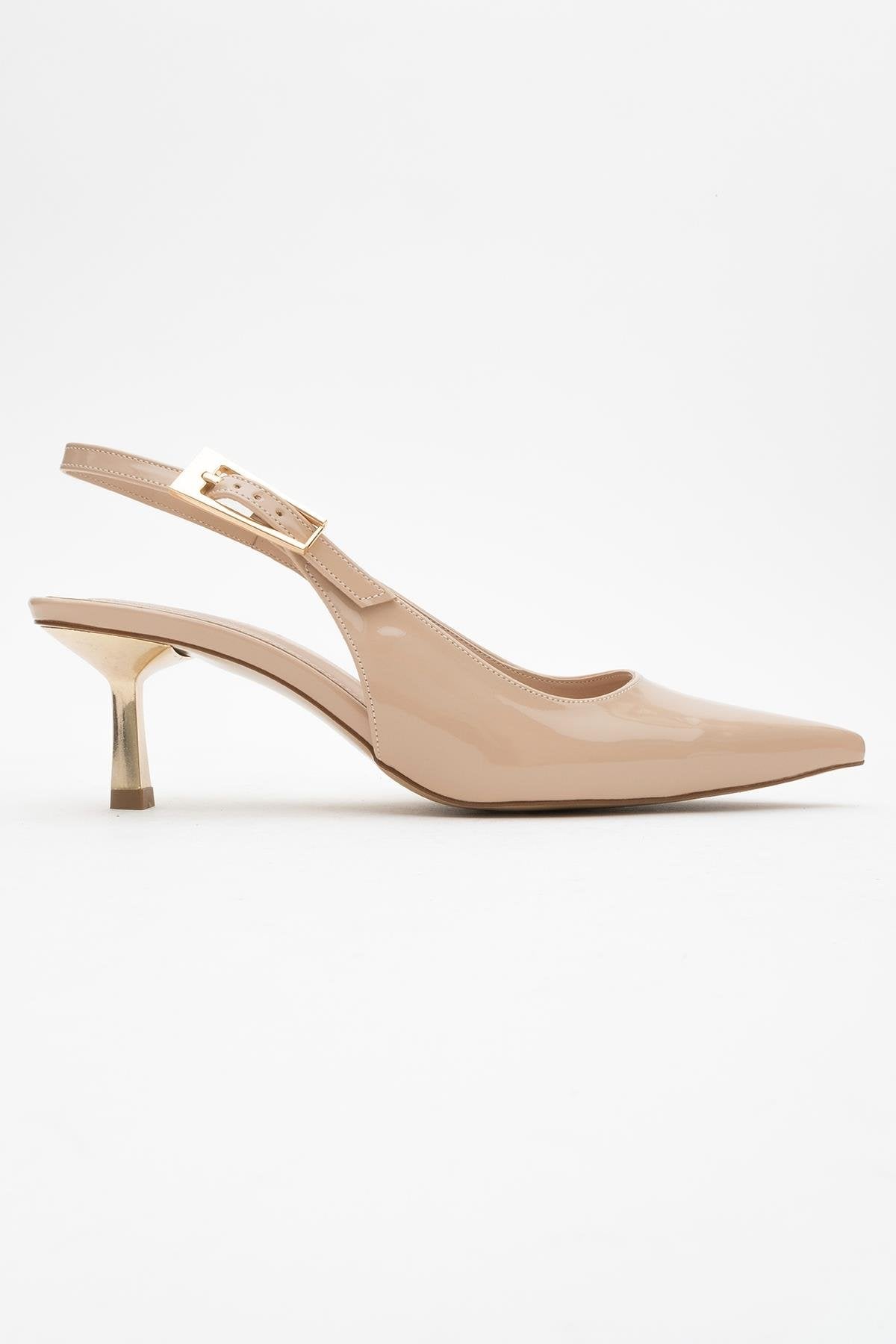 Arty - Beige Patent Slingback Heeled Shoe – top view showing leather, SimmiUnique