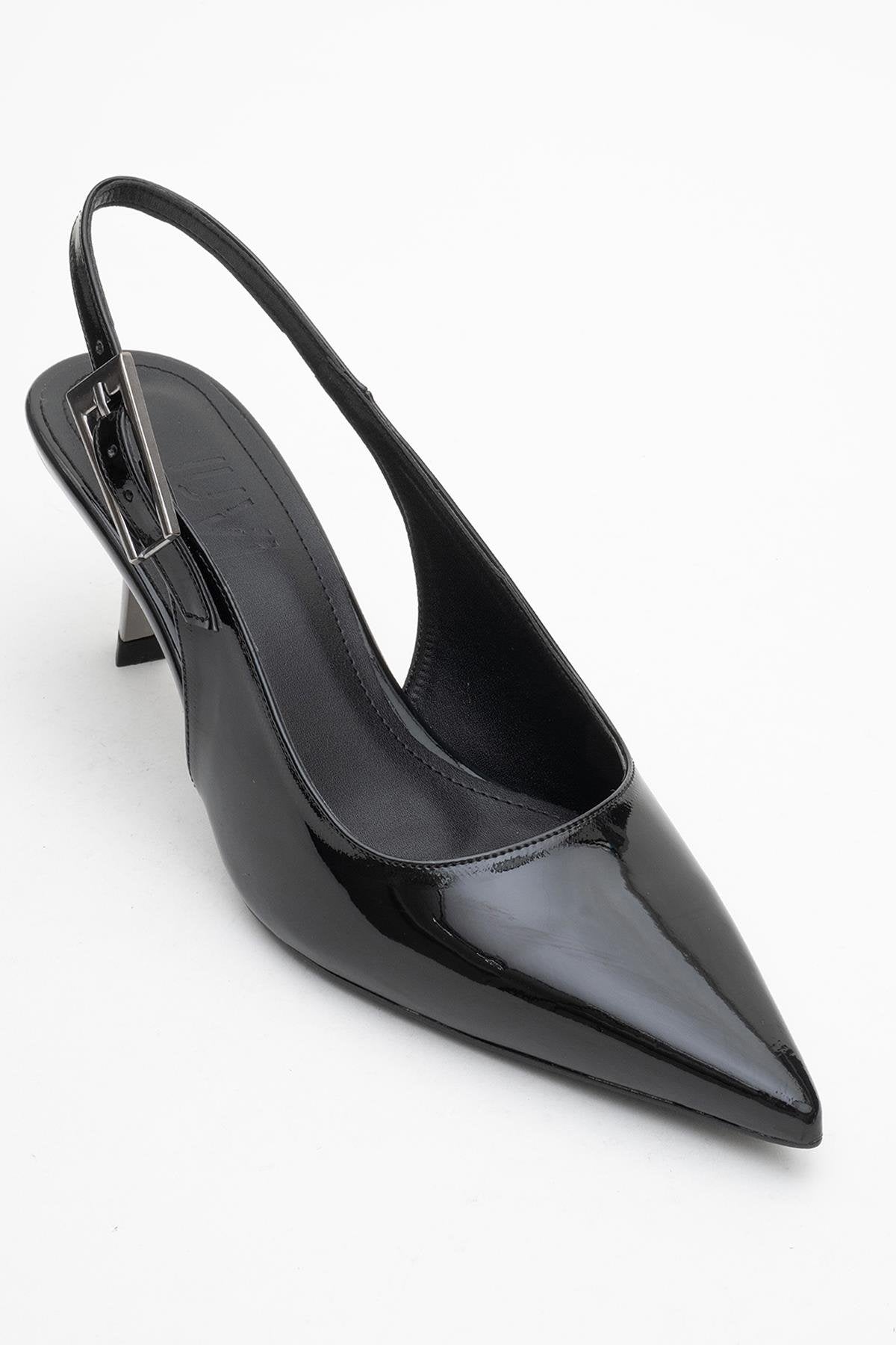 Arty - Black Patent Slingback Heeled Shoe – detail view showing leather, black, SimmiUnique