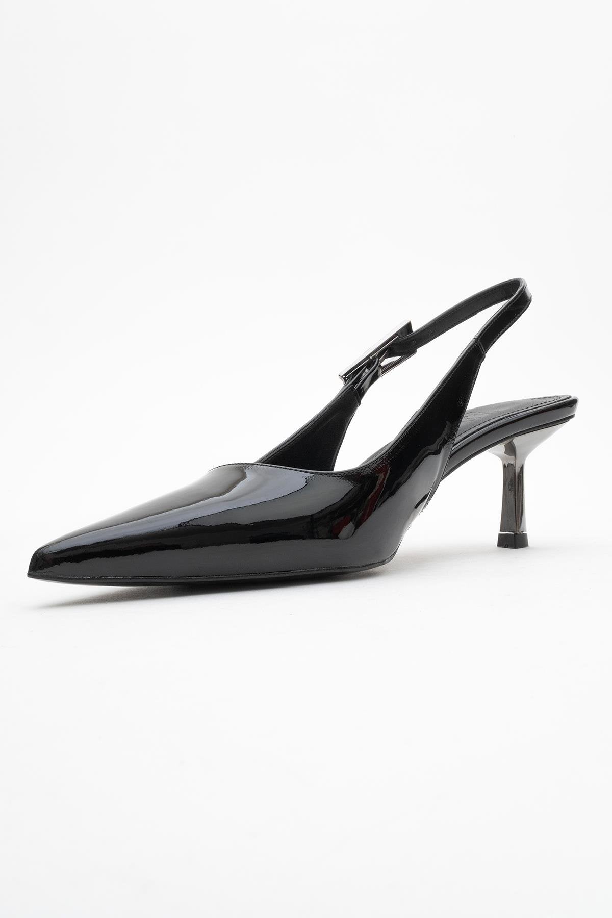 Arty - Black Patent Slingback Heeled Shoe – heel view showing leather, black, SimmiUnique