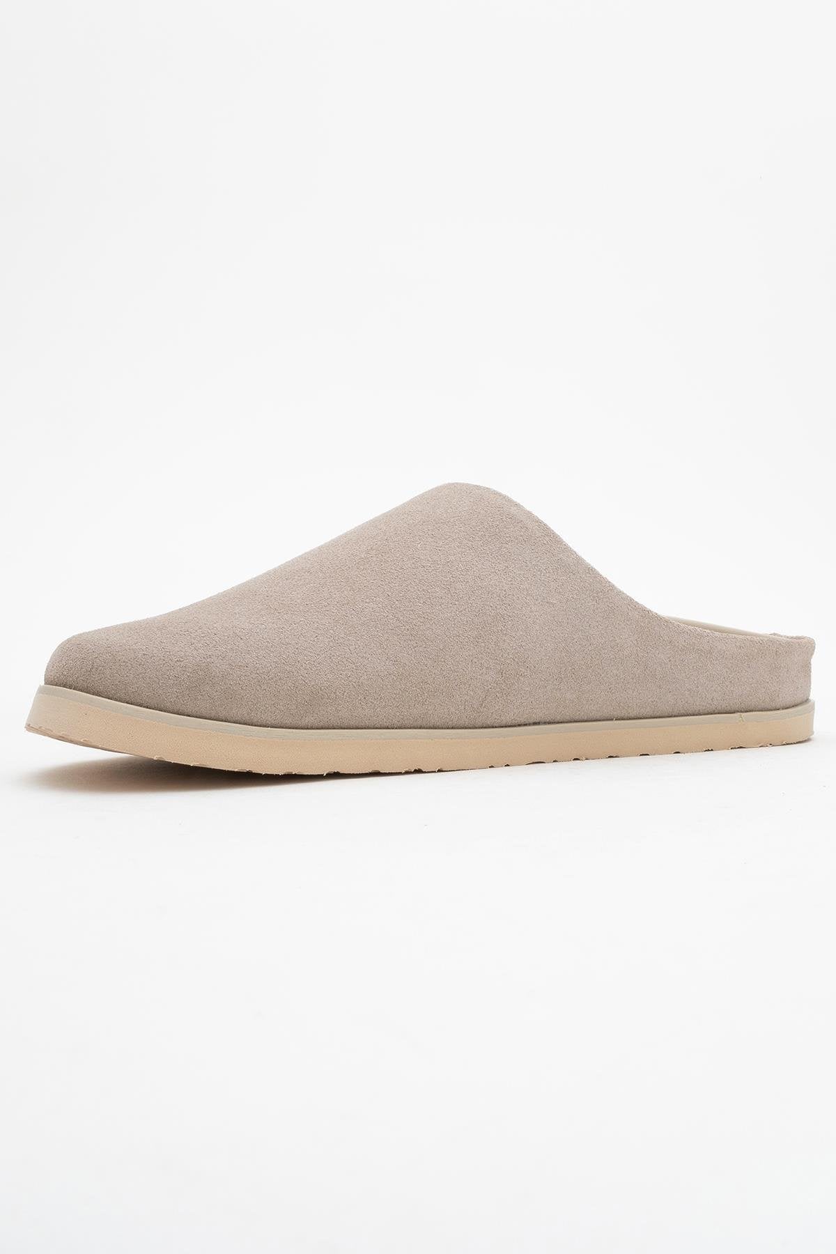 Space - Beige Suede Leather Slide Sandal – heel view showing leather, suede, SimmiUnique
