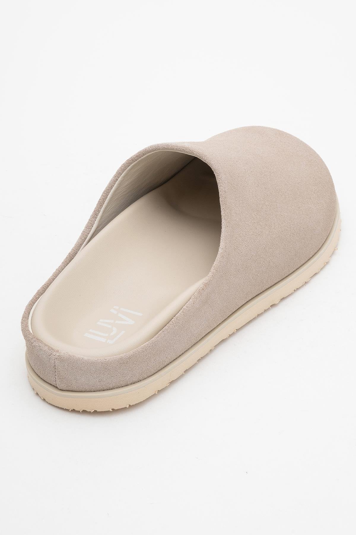 Space - Beige Suede Leather Slide Sandal – back view showing leather, suede, SimmiUnique