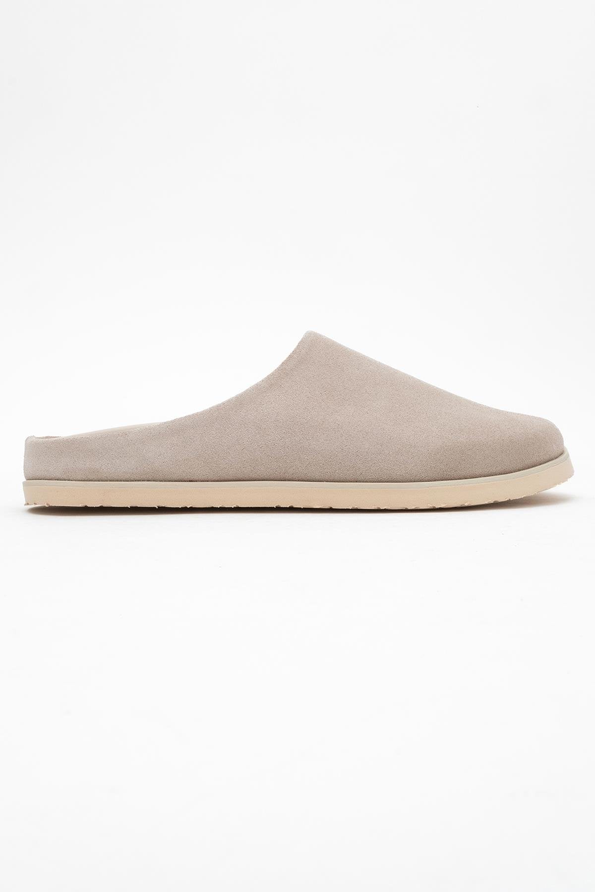 Space - Beige Suede Leather Slide Sandal – top view showing leather, suede, SimmiUnique