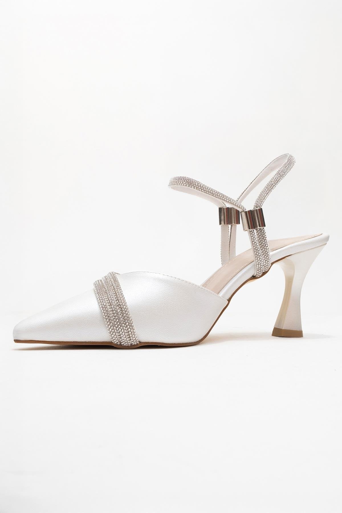 Lavie - Pearl Synthetic Leather Strappy Jeweled Dress Shoe – heel view showing pearl, leather, SimmiUnique