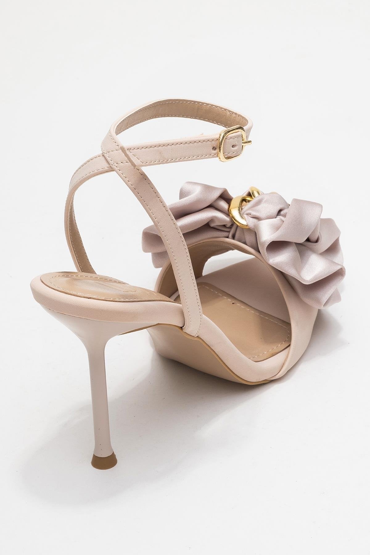 Lucy - Beige Satin Bow Stiletto Pump – back view showing bow, satin, leather, SimmiUnique