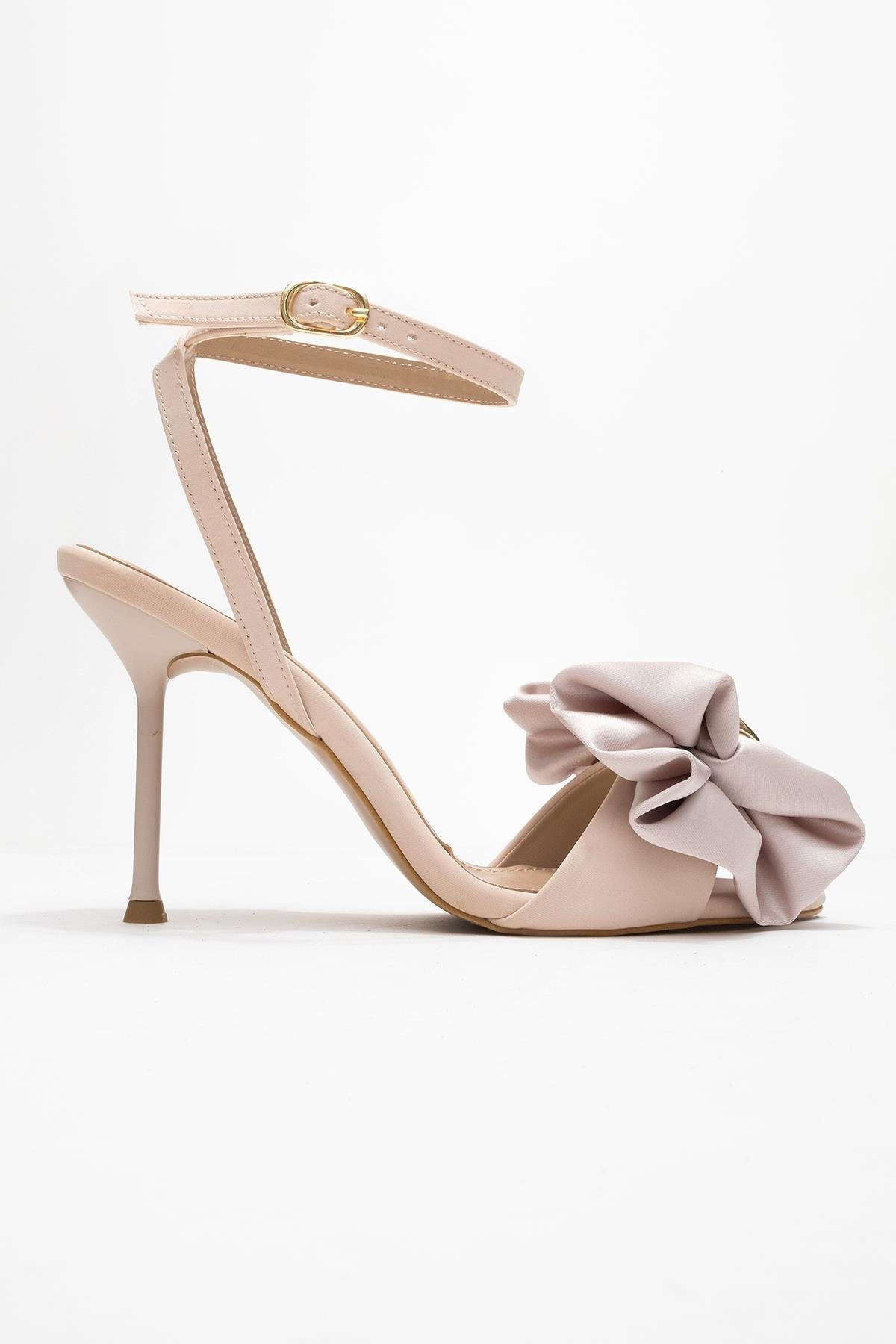 Lucy - Beige Satin Bow Stiletto Pump – top view showing bow, satin, leather, SimmiUnique