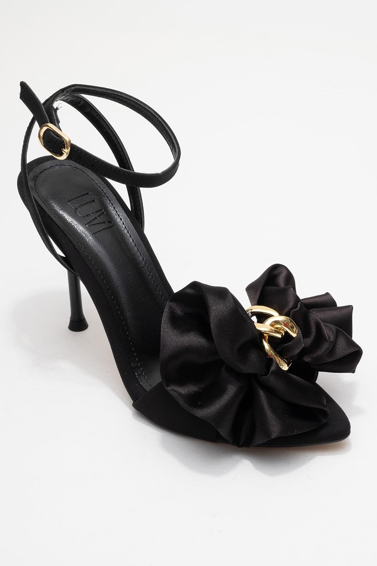 Lucy - Black Satin Bow Open-Toe Stiletto – detail view showing bow, satin, leather, SimmiUnique