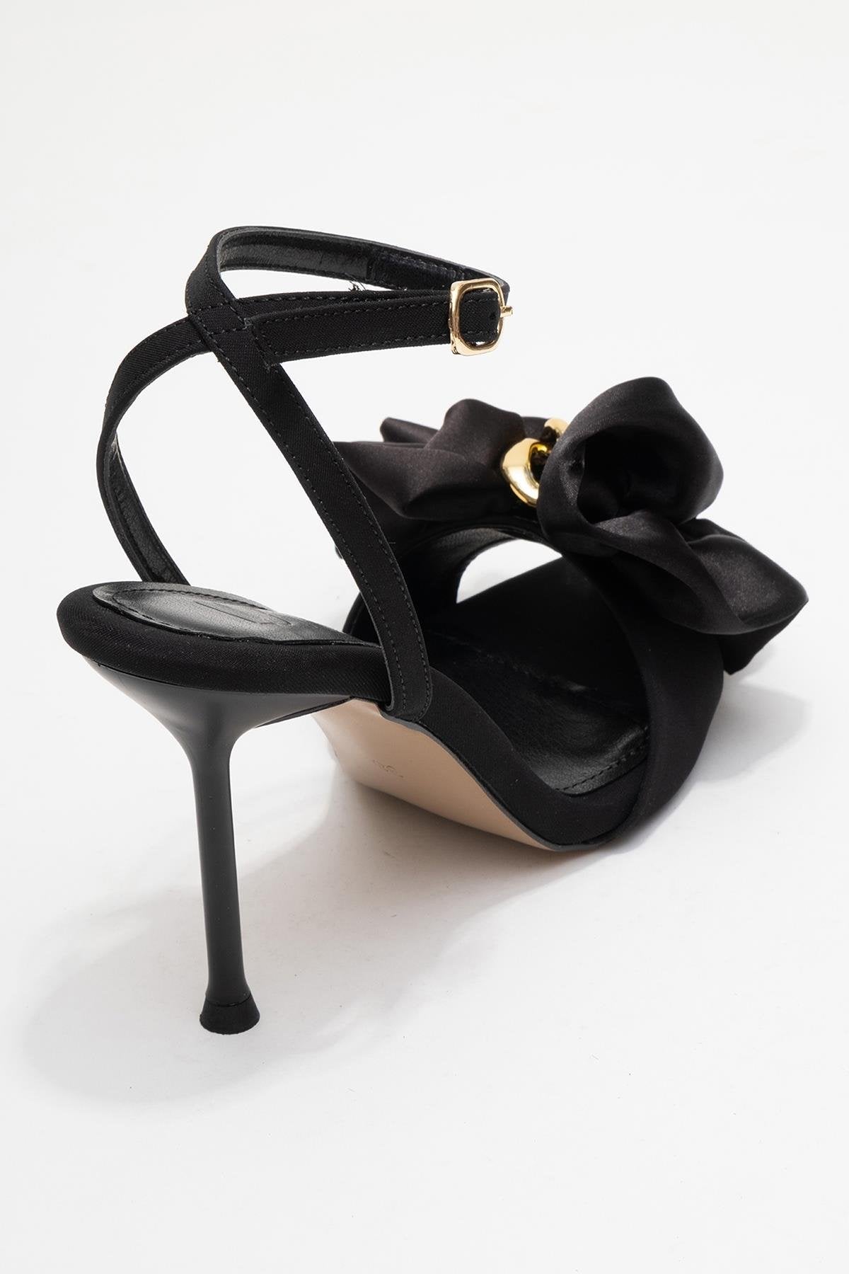 Lucy - Black Satin Bow Open-Toe Stiletto – back view showing bow, satin, leather, SimmiUnique