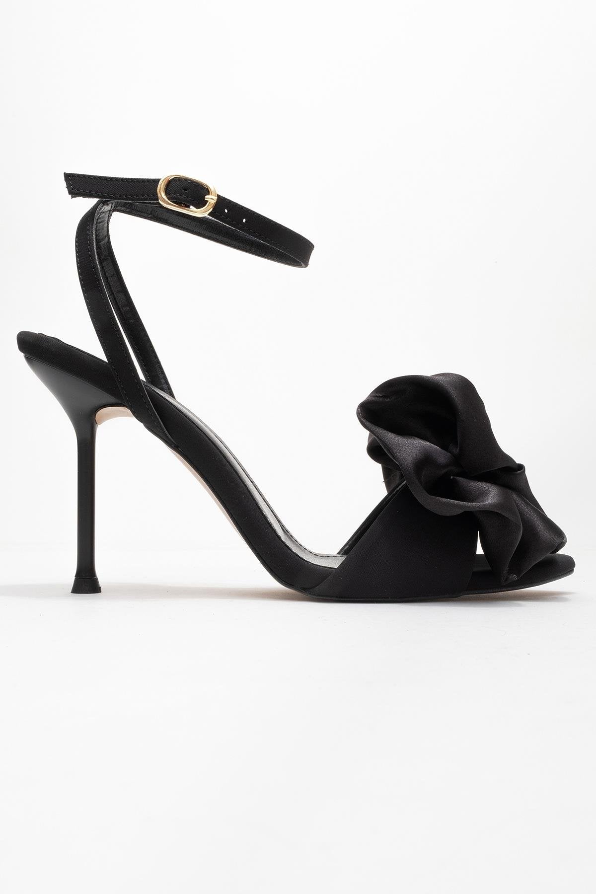 Lucy - Black Satin Bow Open-Toe Stiletto – top view showing bow, satin, leather, SimmiUnique