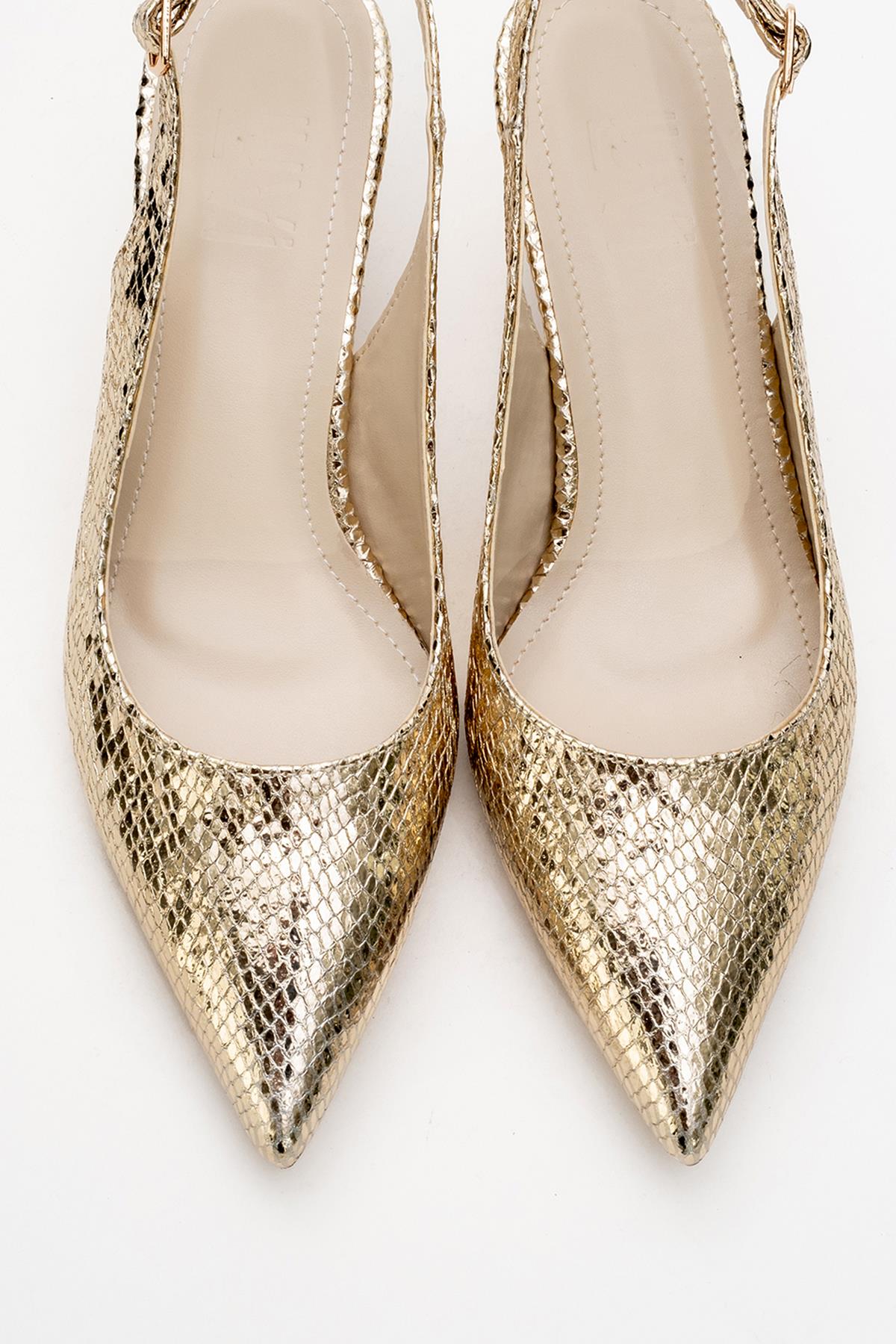 Value - Gold Patterned Heeled Shoe – side view showing leather, gold, SimmiUnique