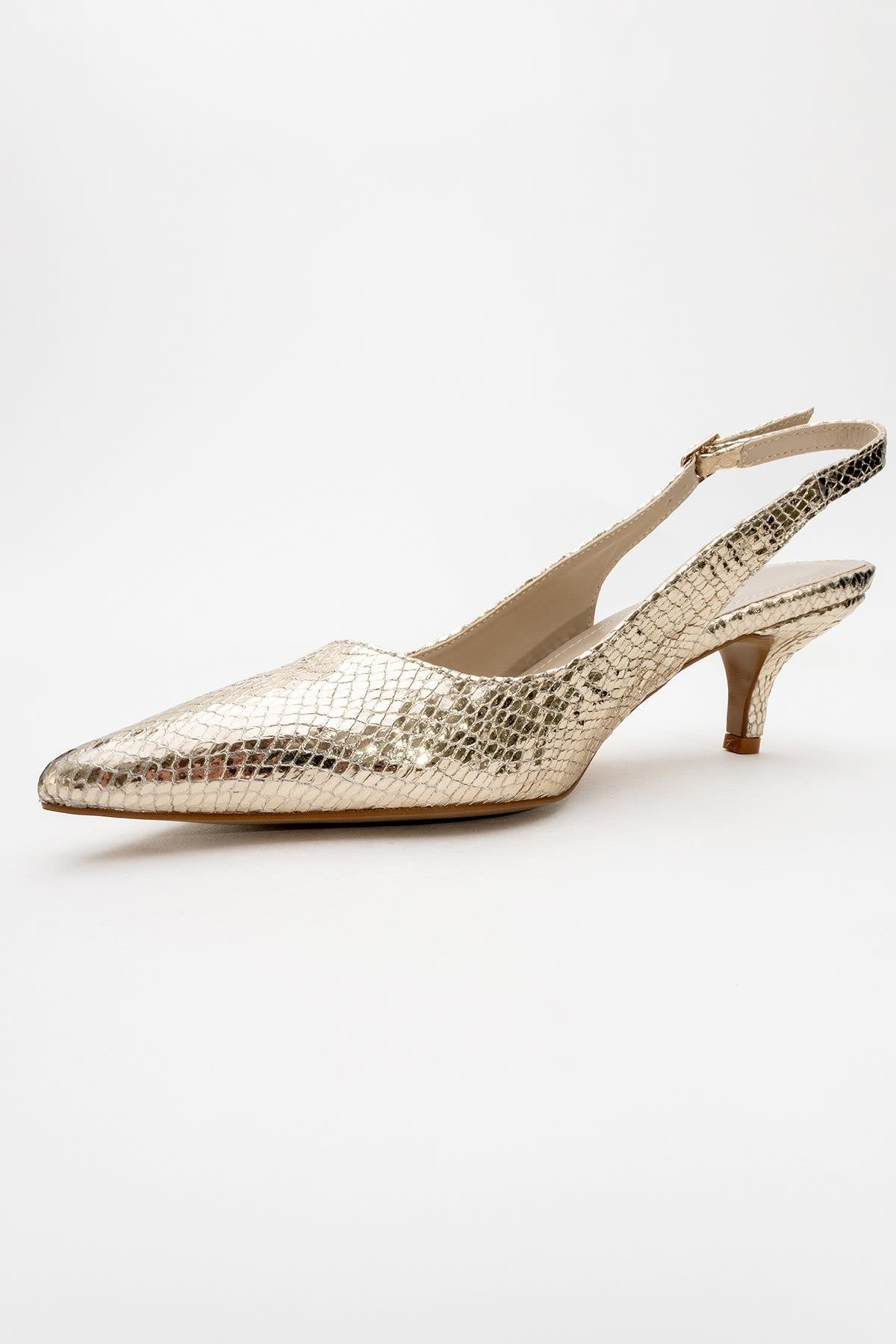 Value - Gold Patterned Heeled Shoe – heel view showing leather, gold, SimmiUnique
