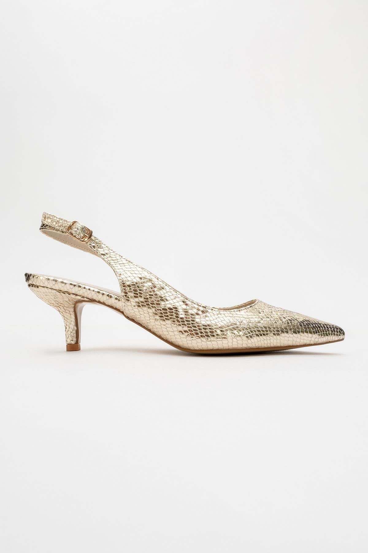 Value - Gold Patterned Heeled Shoe – back view showing leather, gold, SimmiUnique