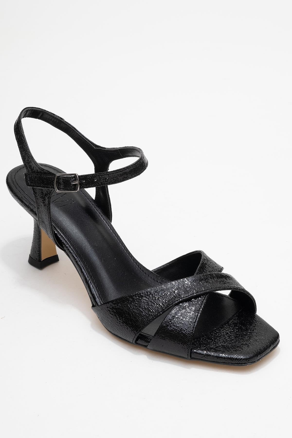 Melin - Black Patterned Cross-Band High Heel – detail view showing leather, black, SimmiUnique