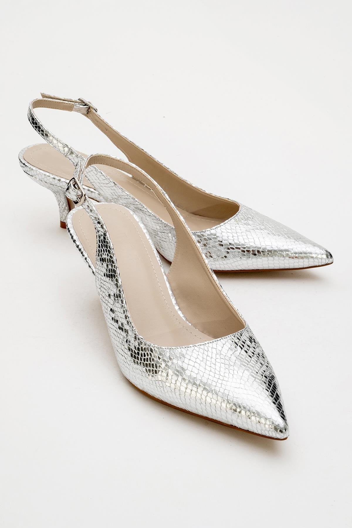 Value - Silver Patterned Heeled Shoe – front three-quarter view showing leather, metallic, silver, SimmiUnique
