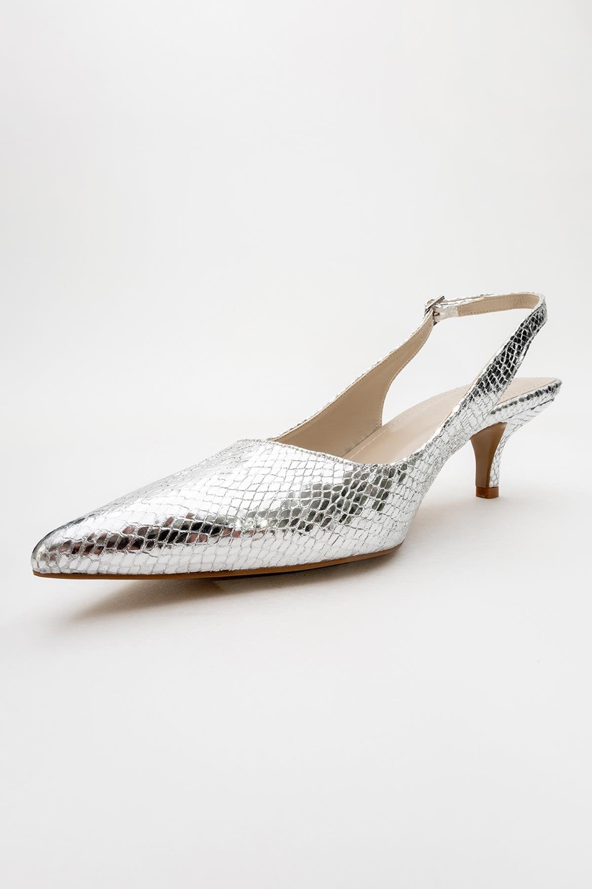 Value - Silver Patterned Heeled Shoe – side view showing leather, metallic, silver, SimmiUnique
