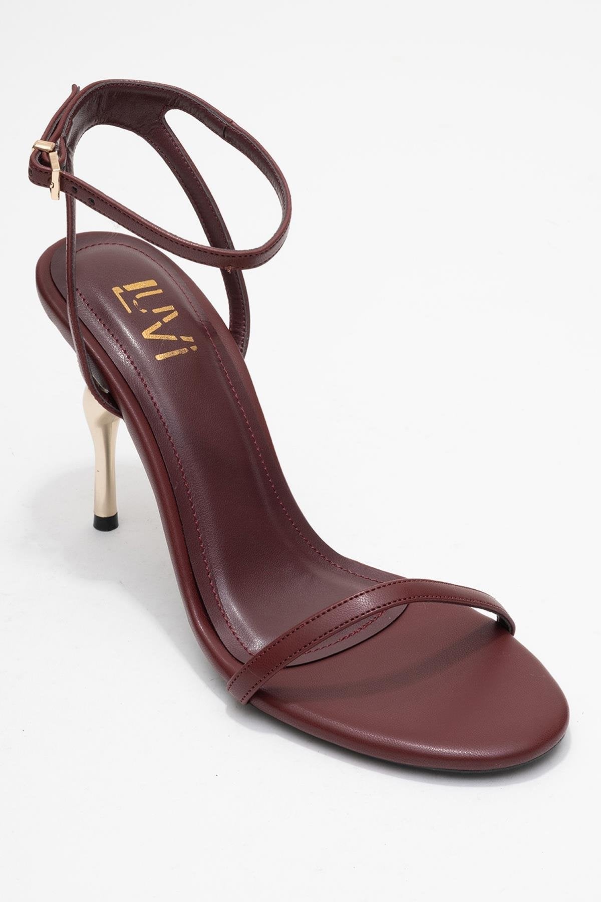 Jasmin - Burgundy Single Strap Heeled Shoe – detail view showing leather, SimmiUnique