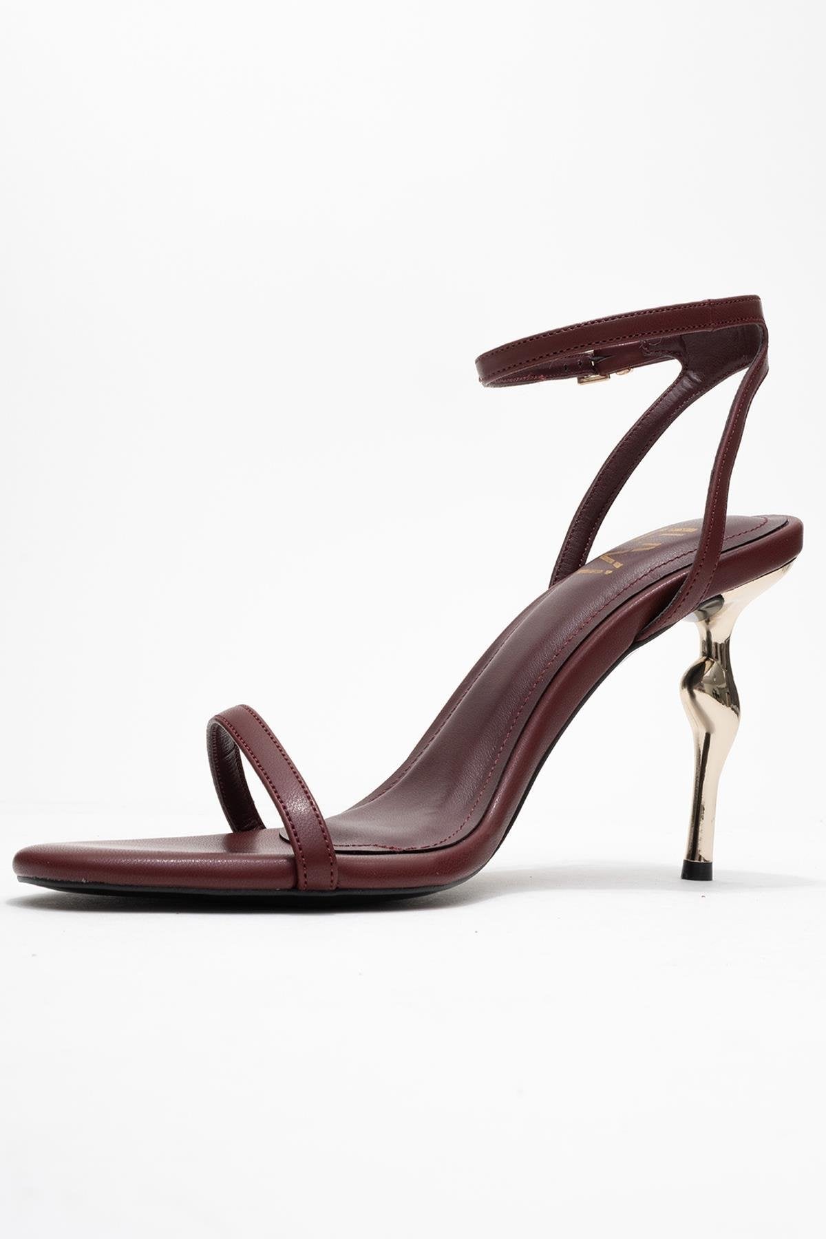 Jasmin - Burgundy Single Strap Heeled Shoe – heel view showing leather, SimmiUnique