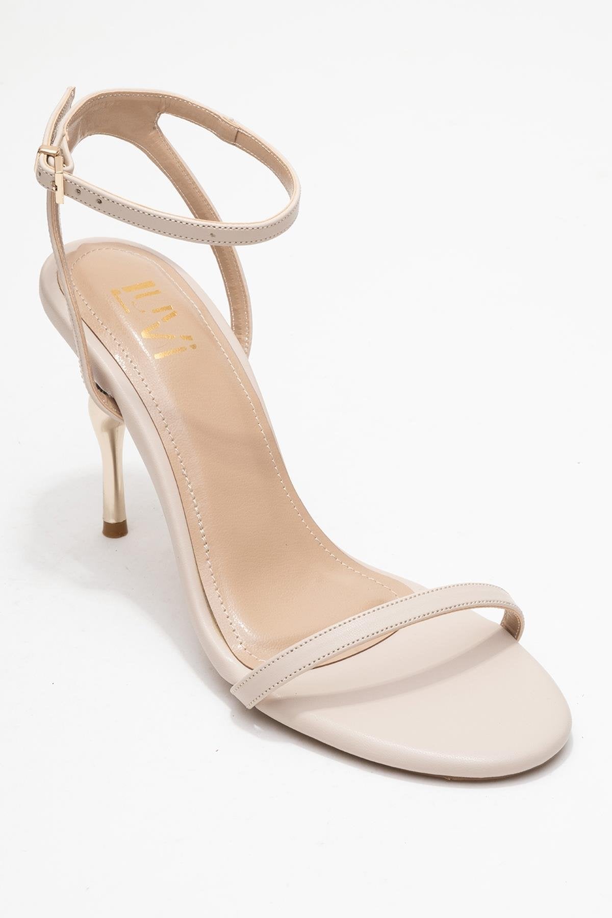 Jasmin - Beige Single-Band Stiletto Heel Shoe – detail view showing leather, SimmiUnique
