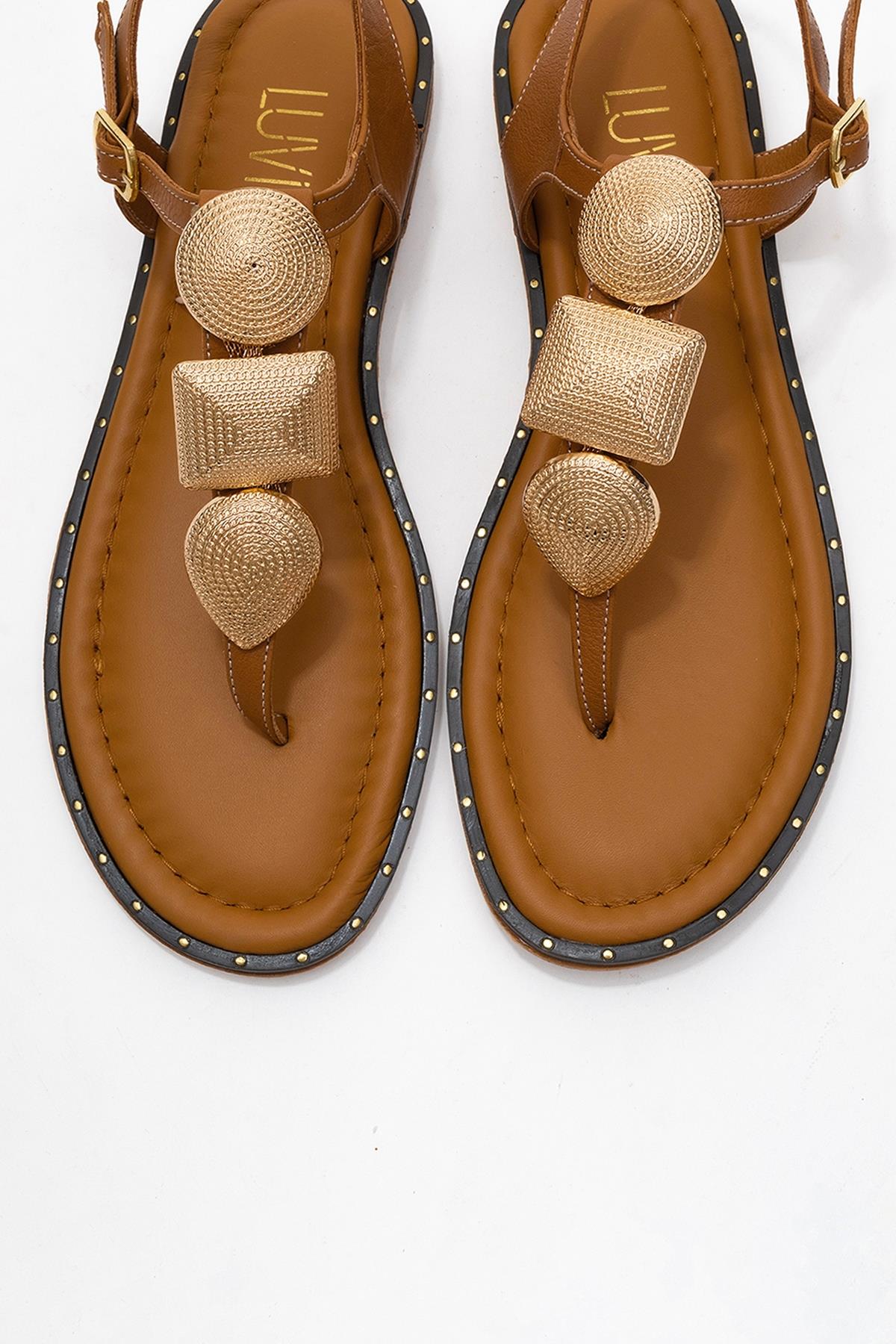 Giulia - Cognac Brown Leather Flat Sandal – side view showing leather, gold, SimmiUnique