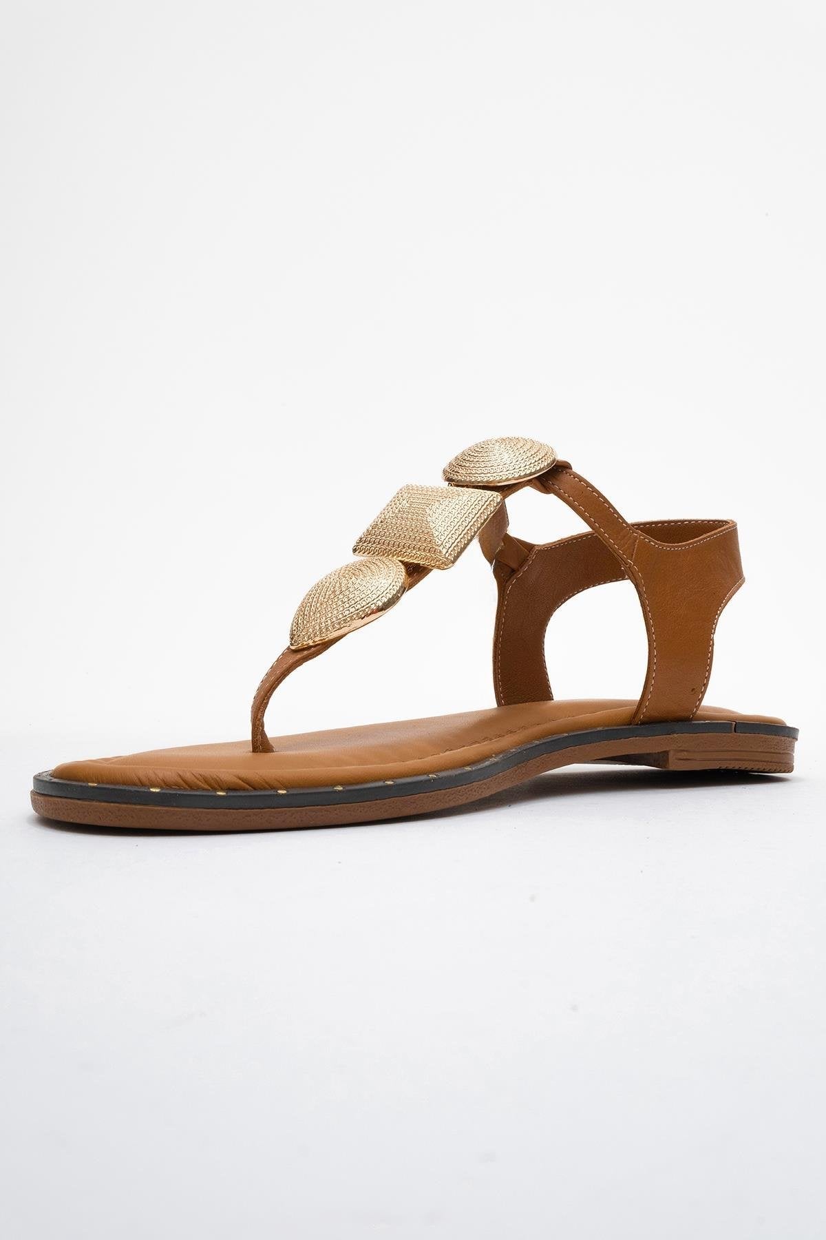 Giulia - Cognac Brown Leather Flat Sandal – heel view showing leather, gold, SimmiUnique
