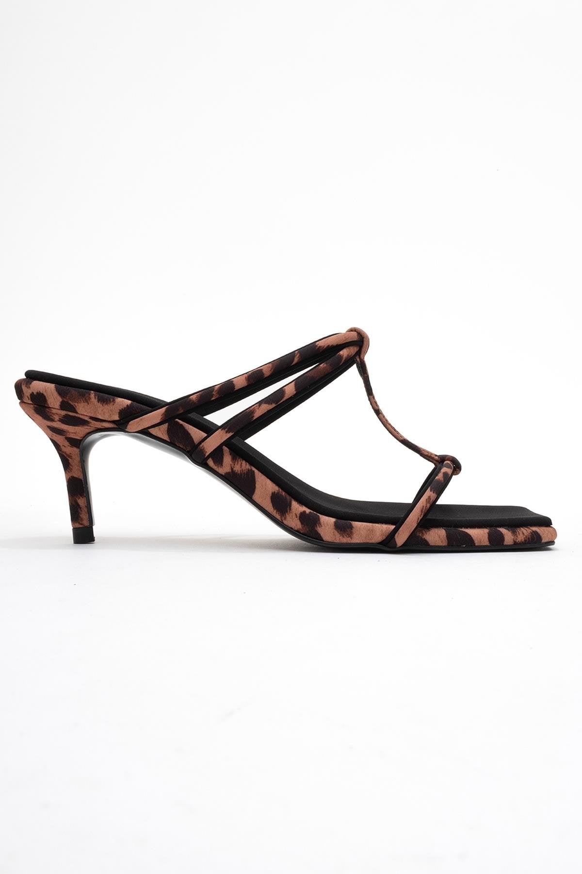 Mocha - Black/Yellow Printed Square-Toe Thin-Strap Heeled Mule – top view showing black, SimmiUnique
