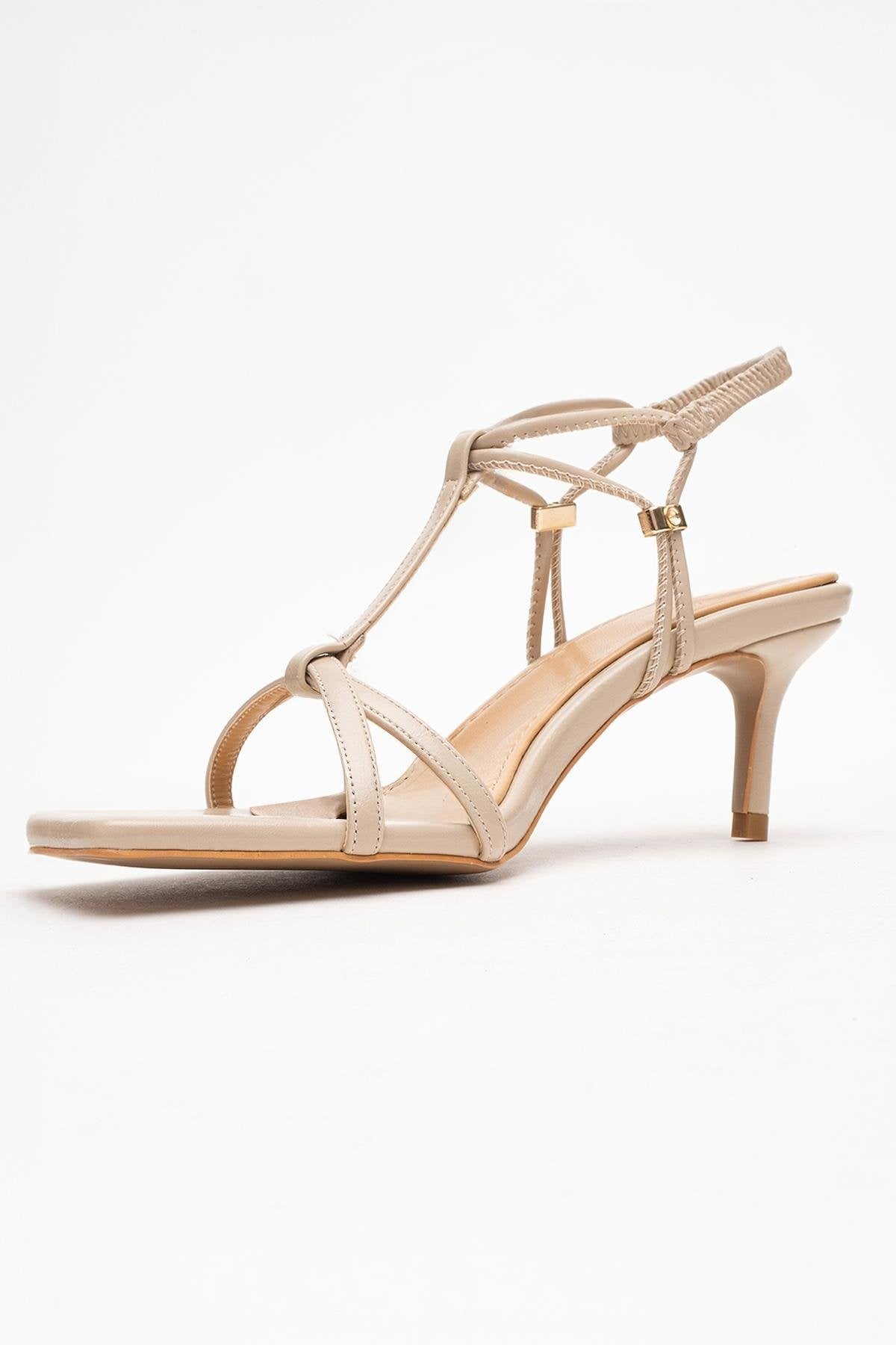 Gibson - Beige Square-Toe Heeled Sandal – heel view showing leather, SimmiUnique