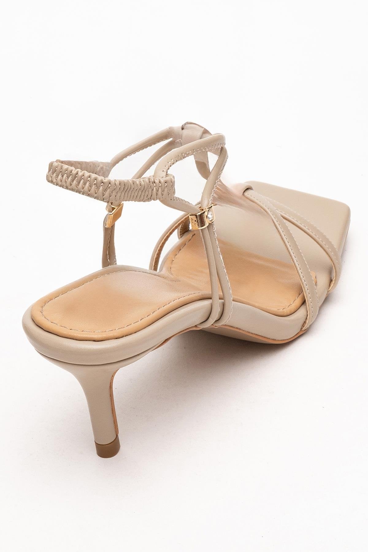 Gibson - Beige Square-Toe Heeled Sandal – back view showing leather, SimmiUnique