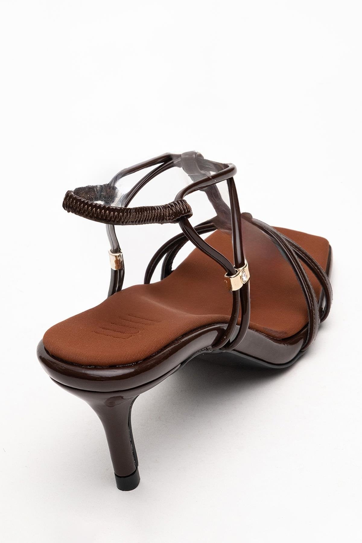 Gibson - Brown Patent Square-Toe Heeled Sandal – back view showing leather, SimmiUnique