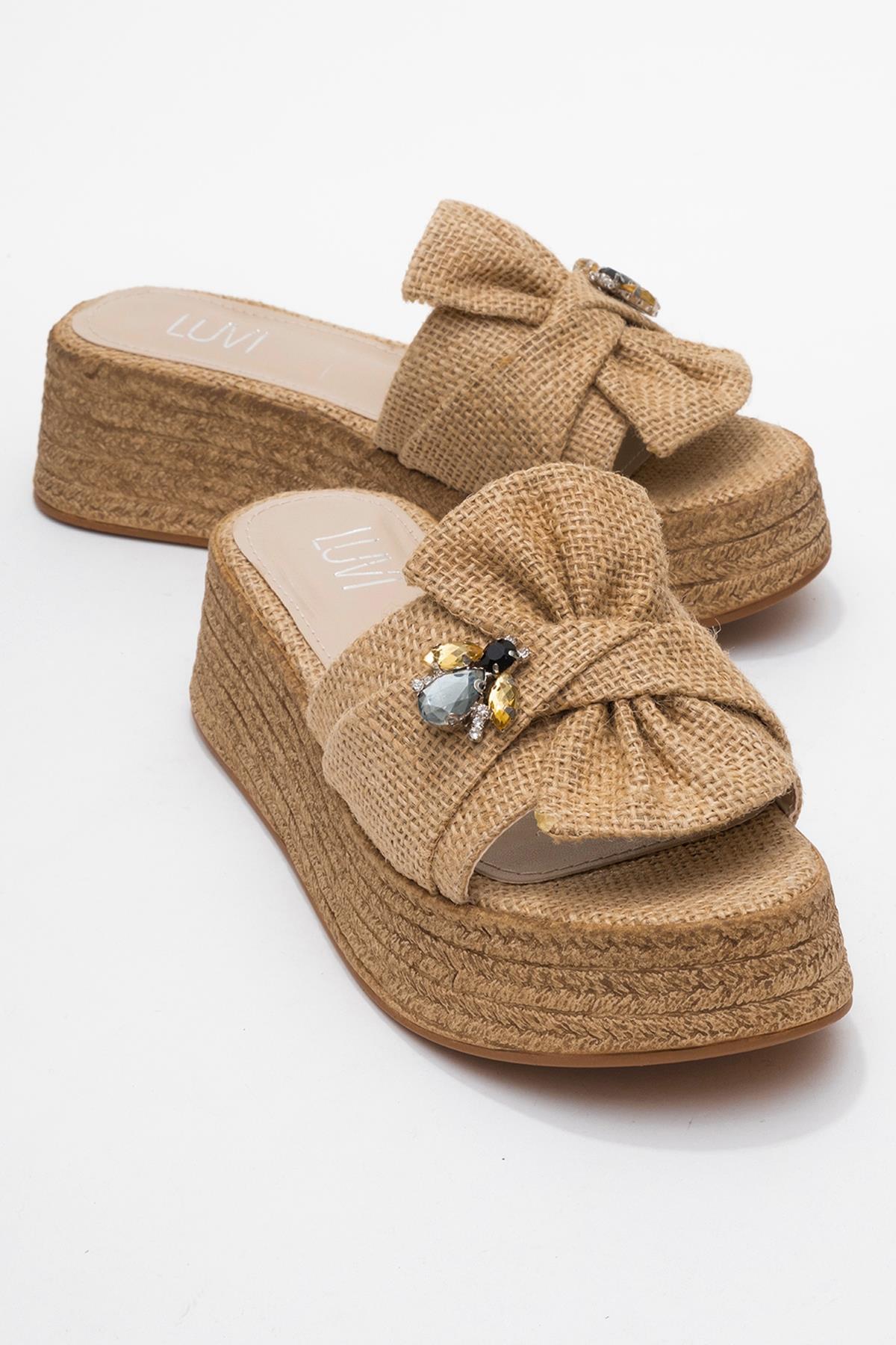 Shara Beige Braided Bow & Bee Buckle Platform Sandal – front three-quarter view showing bow, leather, red, SimmiUnique