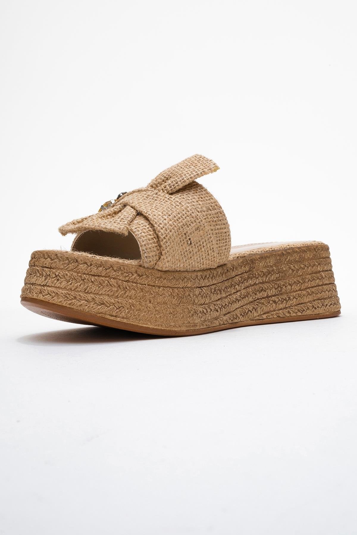 Shara Beige Braided Bow & Bee Buckle Platform Sandal – heel view showing bow, leather, red, SimmiUnique