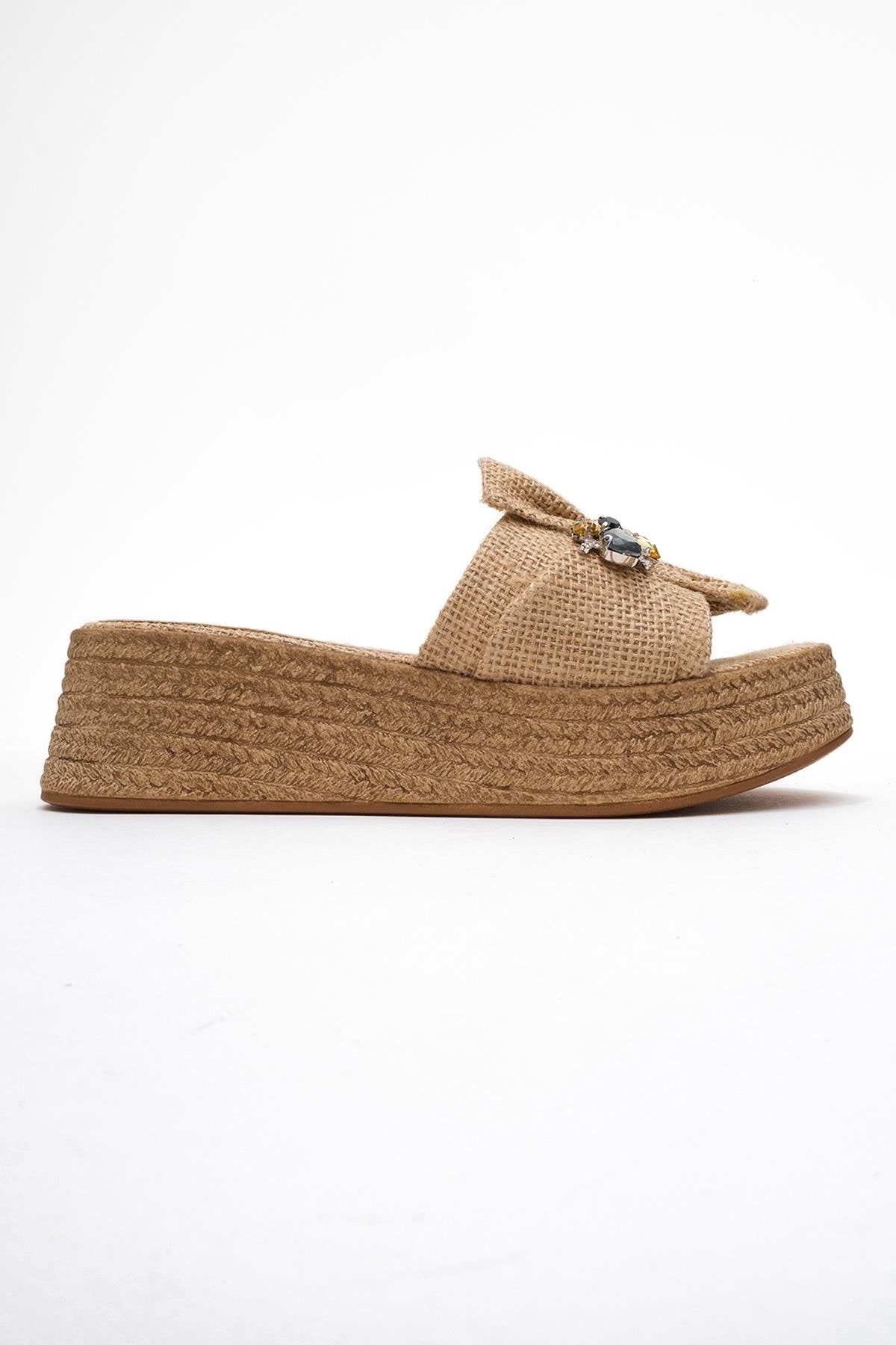 Shara Beige Braided Bow & Bee Buckle Platform Sandal – top view showing bow, leather, red, SimmiUnique
