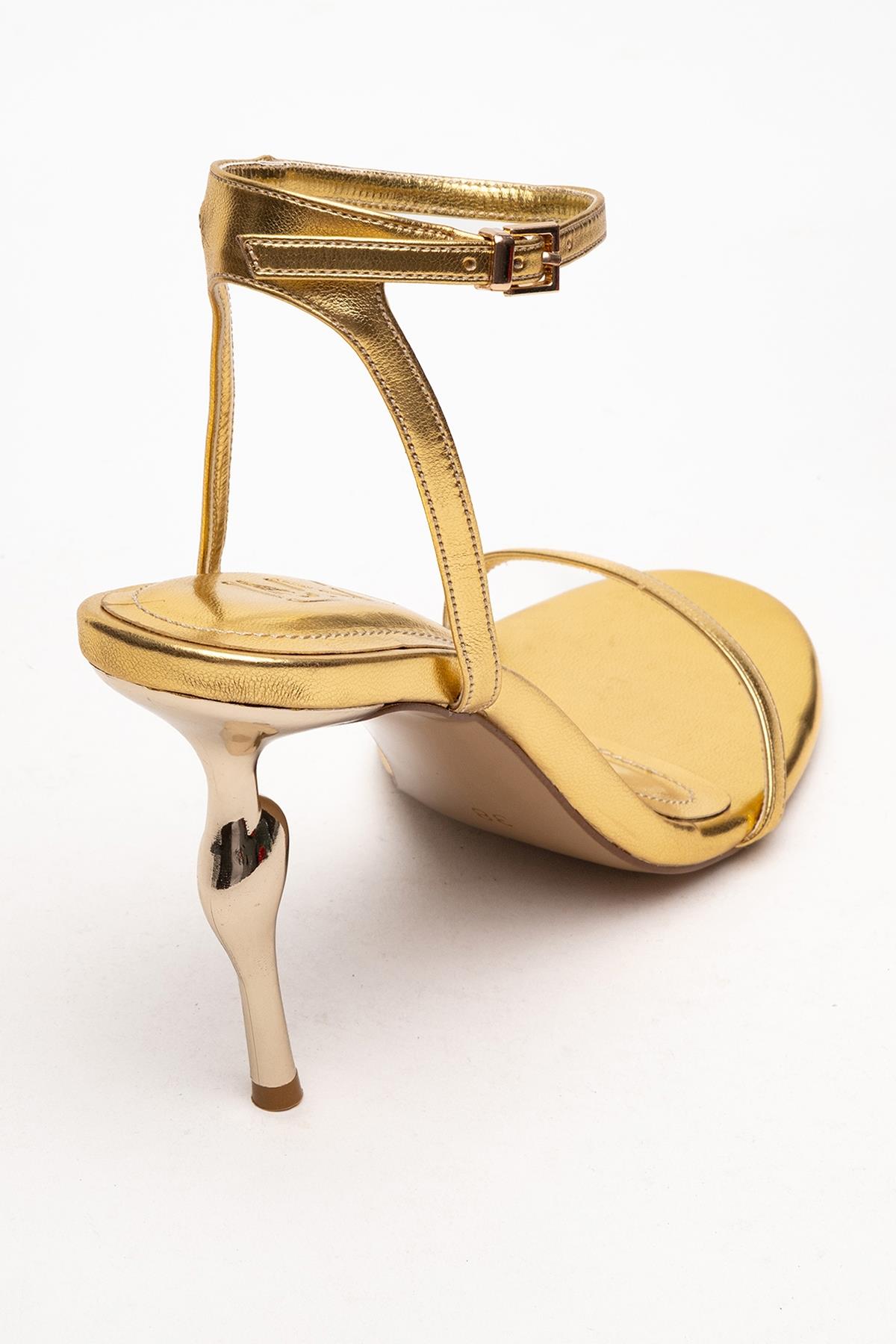 Jasmin - Gold Single-Strap High Heel – heel view showing leather, gold, SimmiUnique