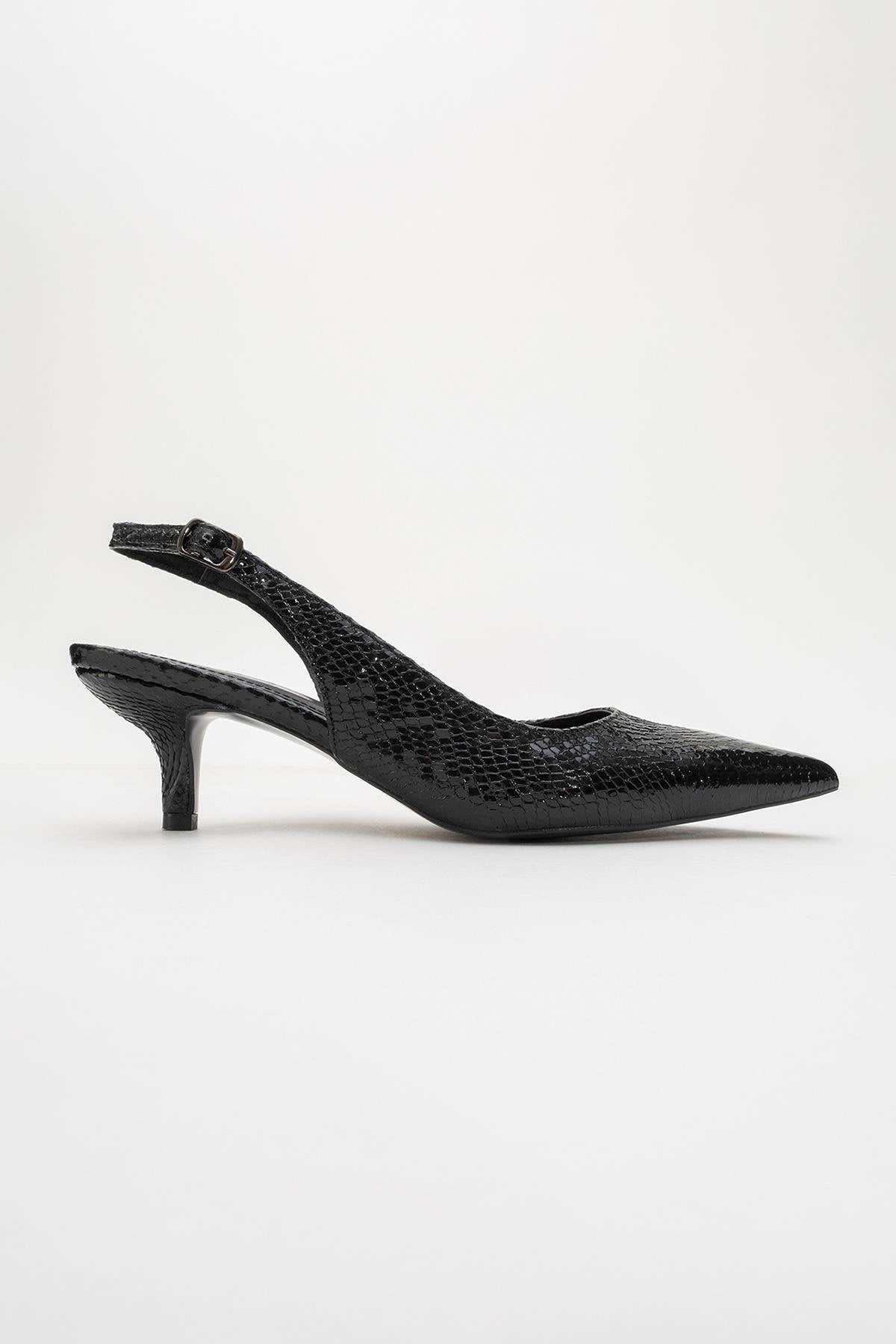 Value - Black Patterned Heeled Shoe – back view showing leather, black, SimmiUnique