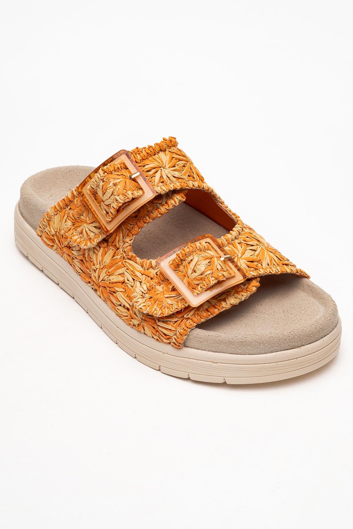 Milana Orange Leather Double‑Strap Slide – detail view showing leather, red, SimmiUnique