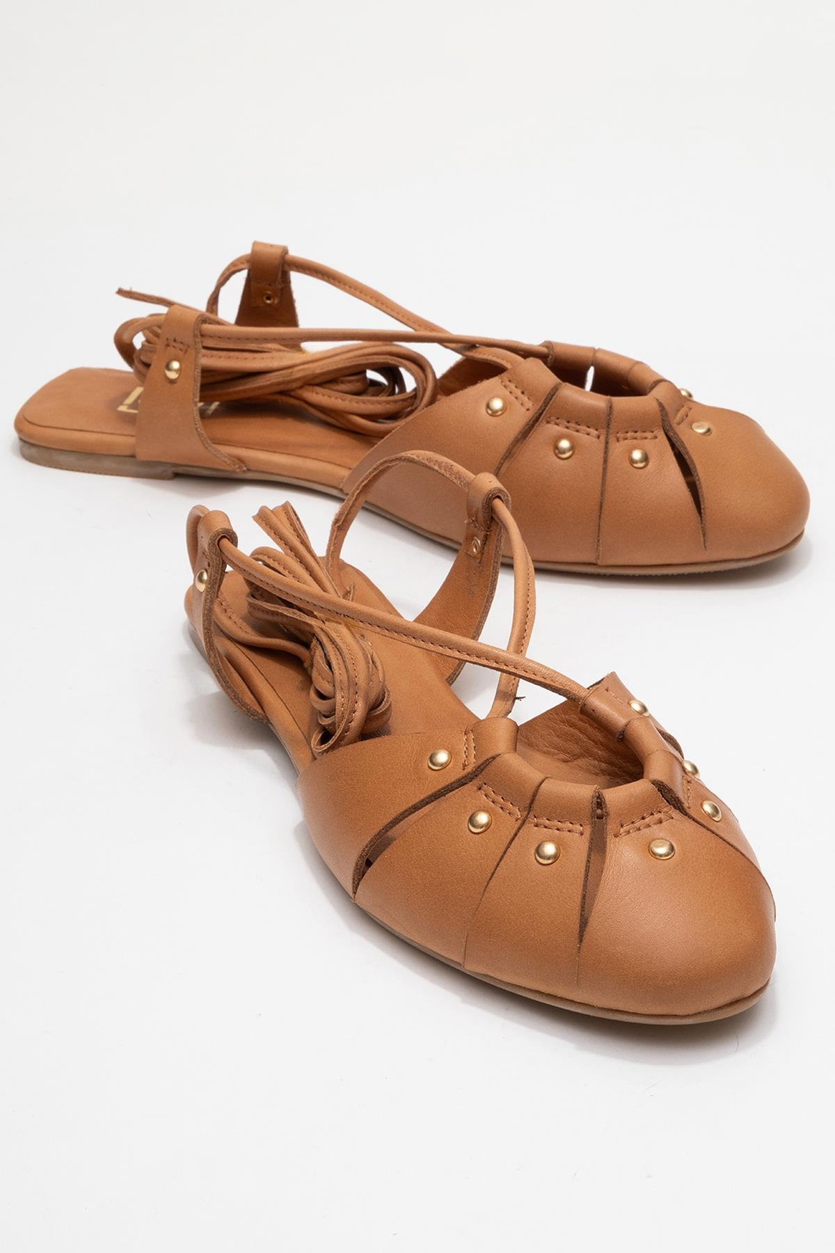 Daria - Cognac Genuine Leather Ankle Lace-Up Sandal – front three-quarter view showing lace, leather, SimmiUnique