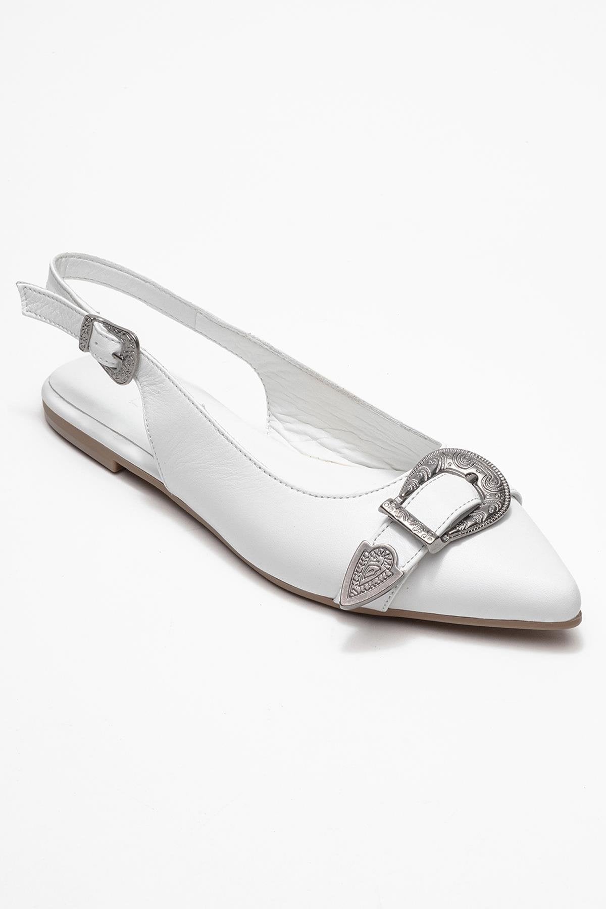 Dorothy - White Genuine Leather Pointed-Toe Buckle Sandal – detail view showing leather, white, red, SimmiUnique