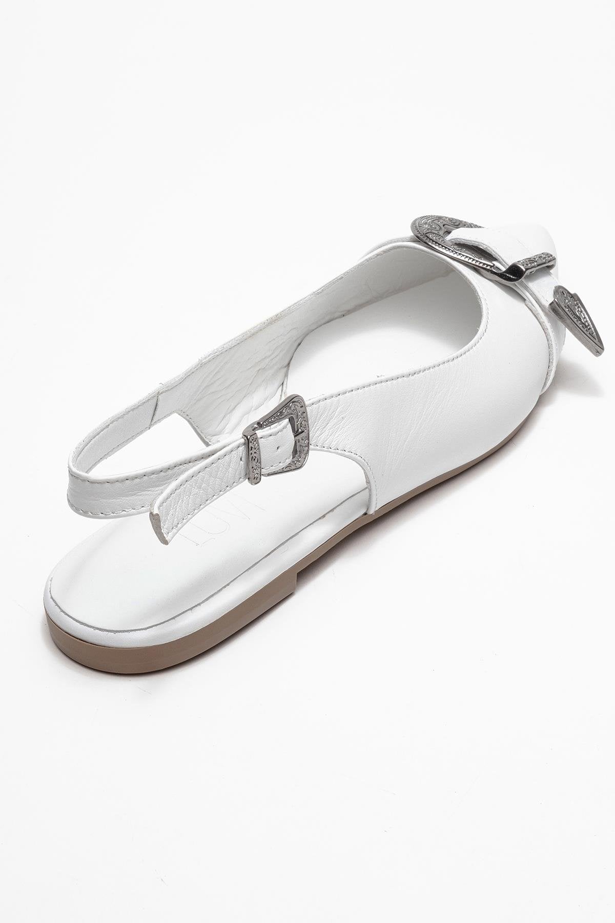Dorothy - White Genuine Leather Pointed-Toe Buckle Sandal – back view showing leather, white, red, SimmiUnique