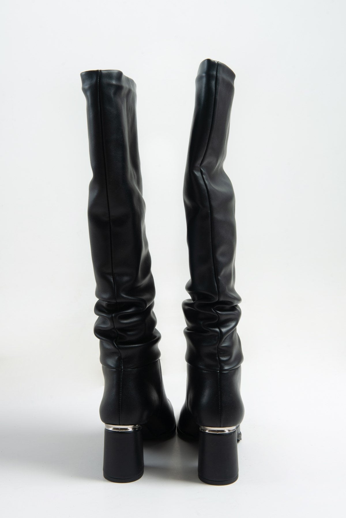 120 - Black Gusseted Block Heel Boot – top view showing leather, black, SimmiUnique