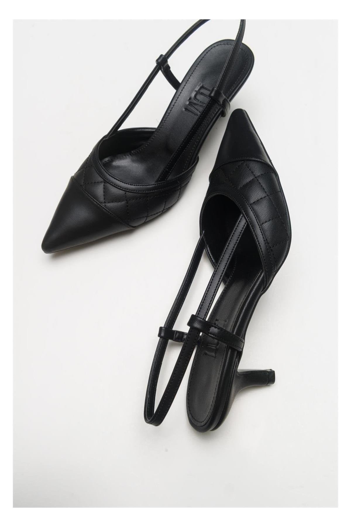 Goodge - Black Pointed Toe Backless Heeled Pump – front three-quarter view showing leather, black, SimmiUnique