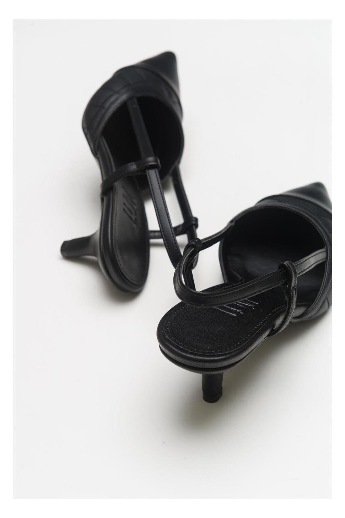 Goodge - Black Pointed Toe Backless Heeled Pump – heel view showing leather, black, SimmiUnique