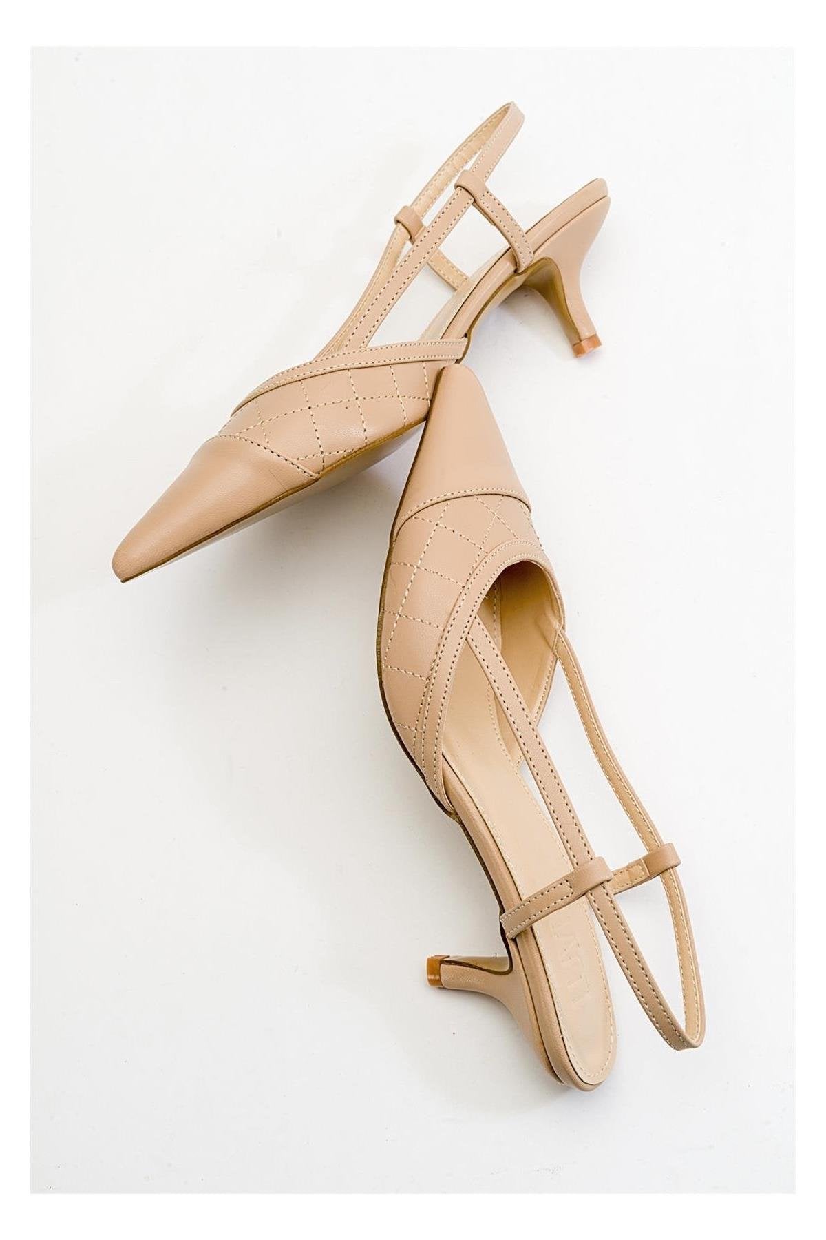 Goodge - Nude Pointed Toe Backless Heeled Pump – side view showing leather, nude, SimmiUnique