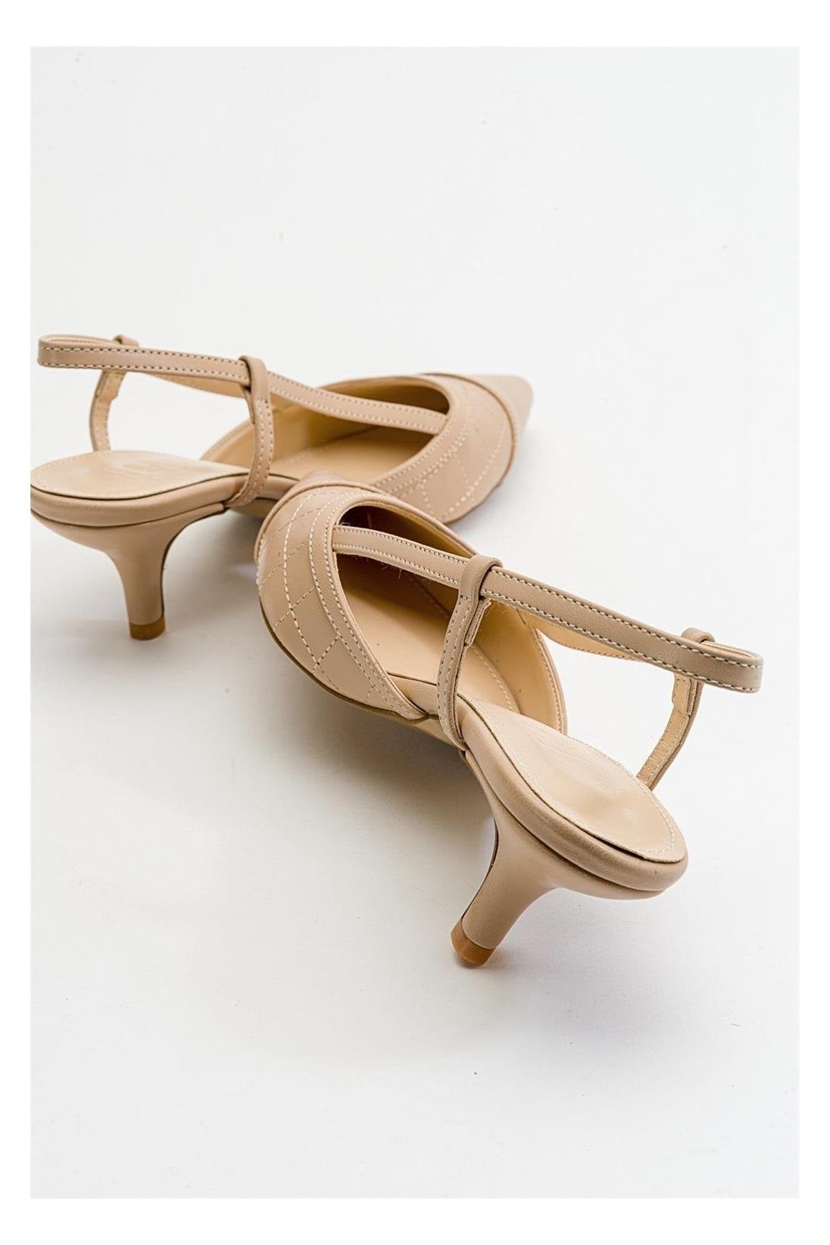 Goodge - Nude Pointed Toe Backless Heeled Pump – detail view showing leather, nude, SimmiUnique