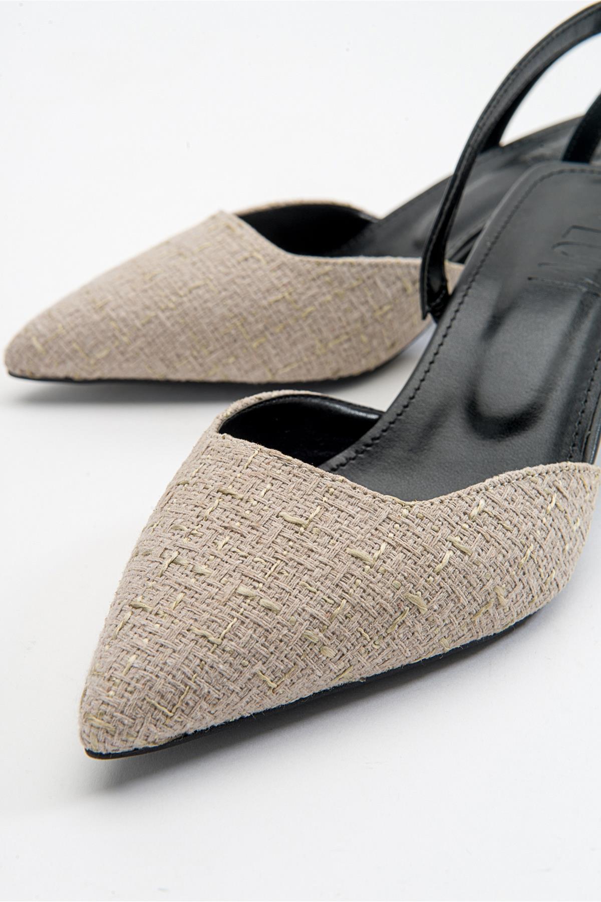 Over - Black Beige Tweed Pointed Toe Low Heel Shoe – detail view showing leather, black, red, SimmiUnique