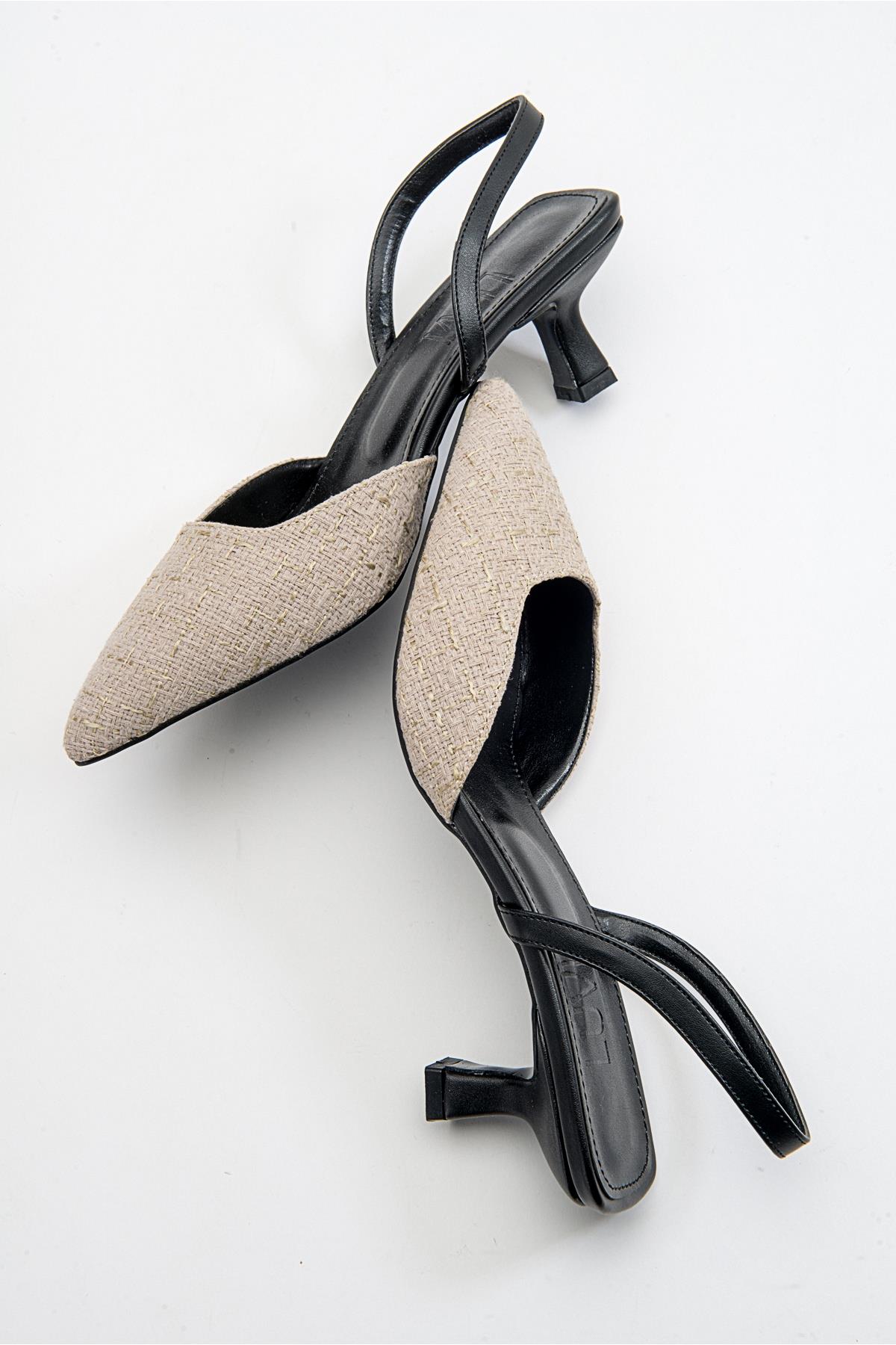 Over - Black Beige Tweed Pointed Toe Low Heel Shoe – back view showing leather, black, red, SimmiUnique